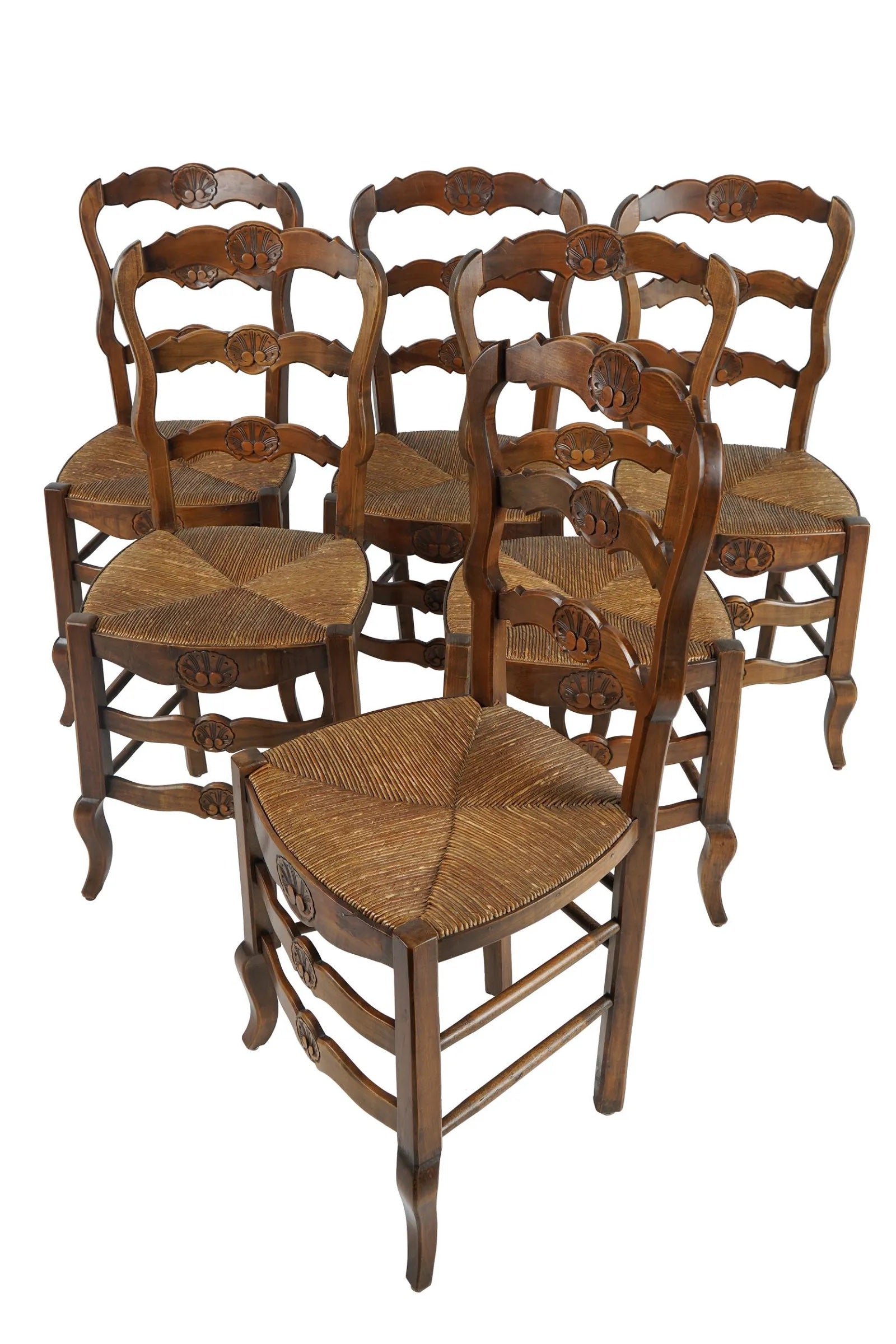 AF2-008: Antique Set of Six French Provincial Carved Beech Dining Chairs W/ Rush Seats Mid 19th C