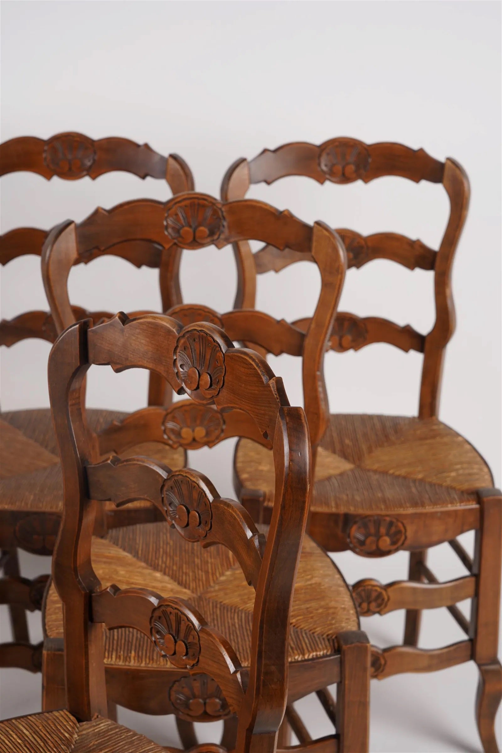 AF2-008: Antique Set of Six French Provincial Carved Beech Dining Chairs W/ Rush Seats Mid 19th C