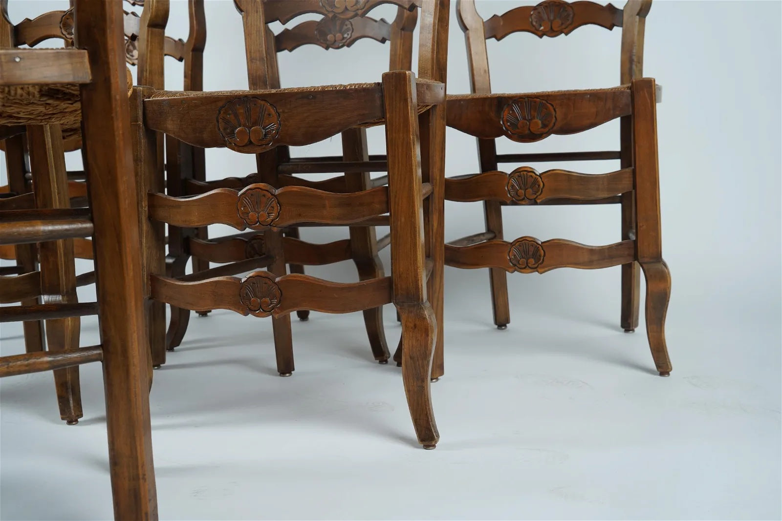 AF2-008: Antique Set of Six French Provincial Carved Beech Dining Chairs W/ Rush Seats Mid 19th C