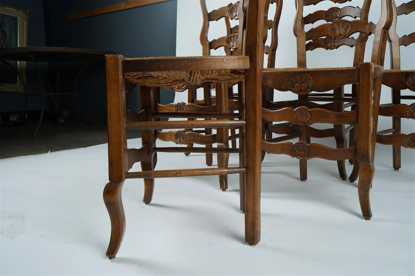 AF2-008: Antique Set of Six French Provincial Carved Beech Dining Chairs W/ Rush Seats Mid 19th C