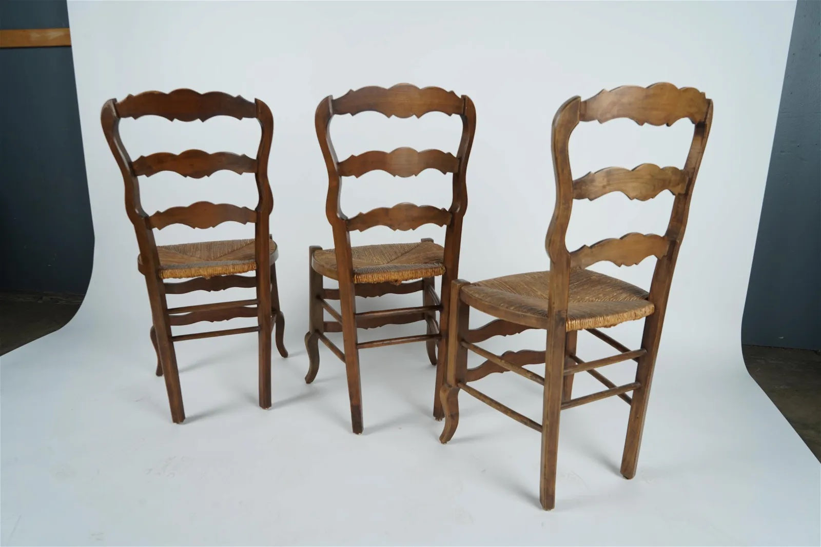 AF2-008: Antique Set of Six French Provincial Carved Beech Dining Chairs W/ Rush Seats Mid 19th C