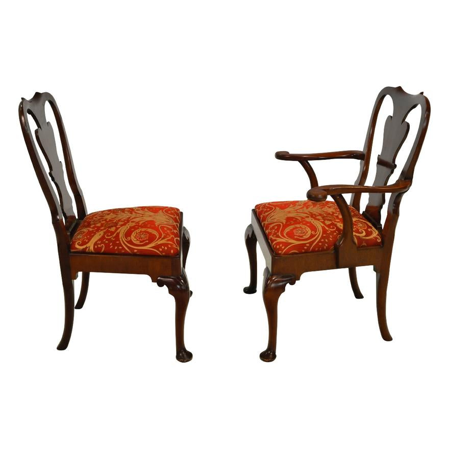 AF2-026: ANTIQUE SET OF EIGHT WILLIAM AND MARY STYLE CARVED MAHOGANY DINING CHAIRS CIRCA 1900