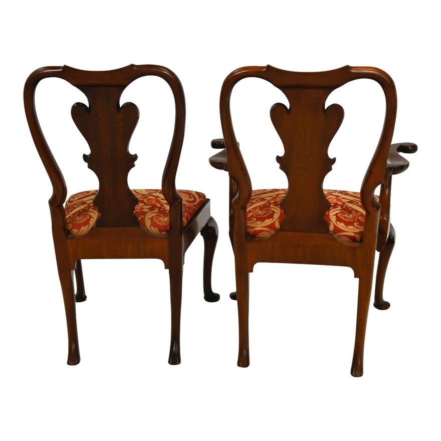 AF2-026: ANTIQUE SET OF EIGHT WILLIAM AND MARY STYLE CARVED MAHOGANY DINING CHAIRS CIRCA 1900