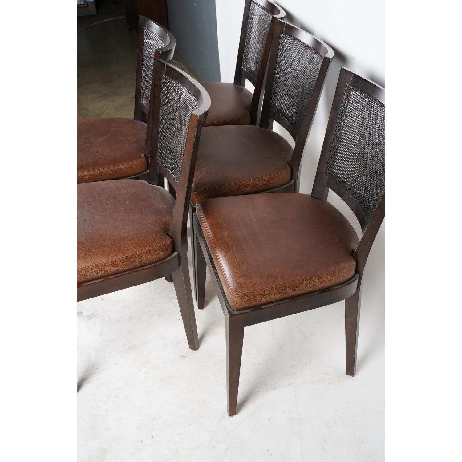 AF2-154: Vintage Set of Six Promemoria Caffe Caned Leather Dining Chairs Contemporary Italian C 2000