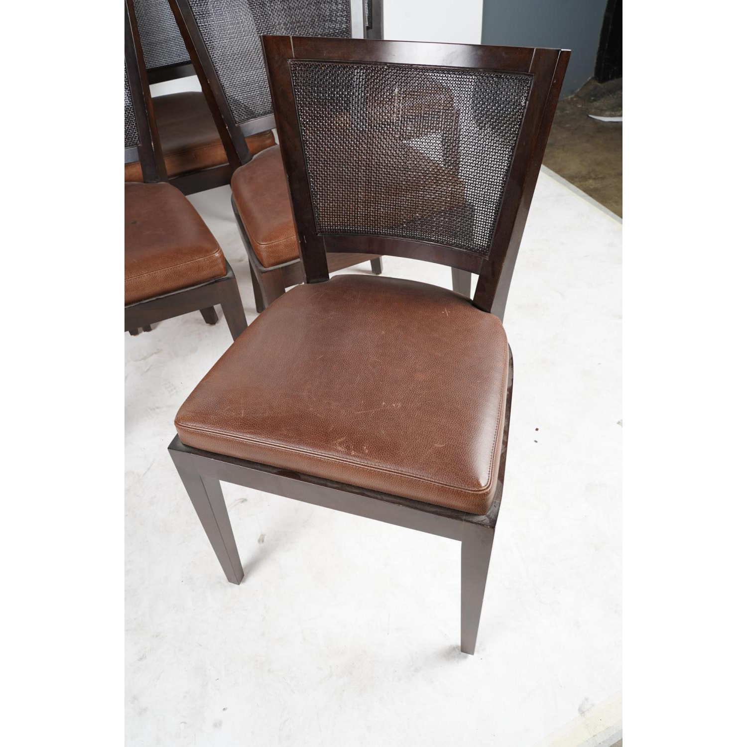 AF2-154: Vintage Set of Six Promemoria Caffe Caned Leather Dining Chairs Contemporary Italian C 2000