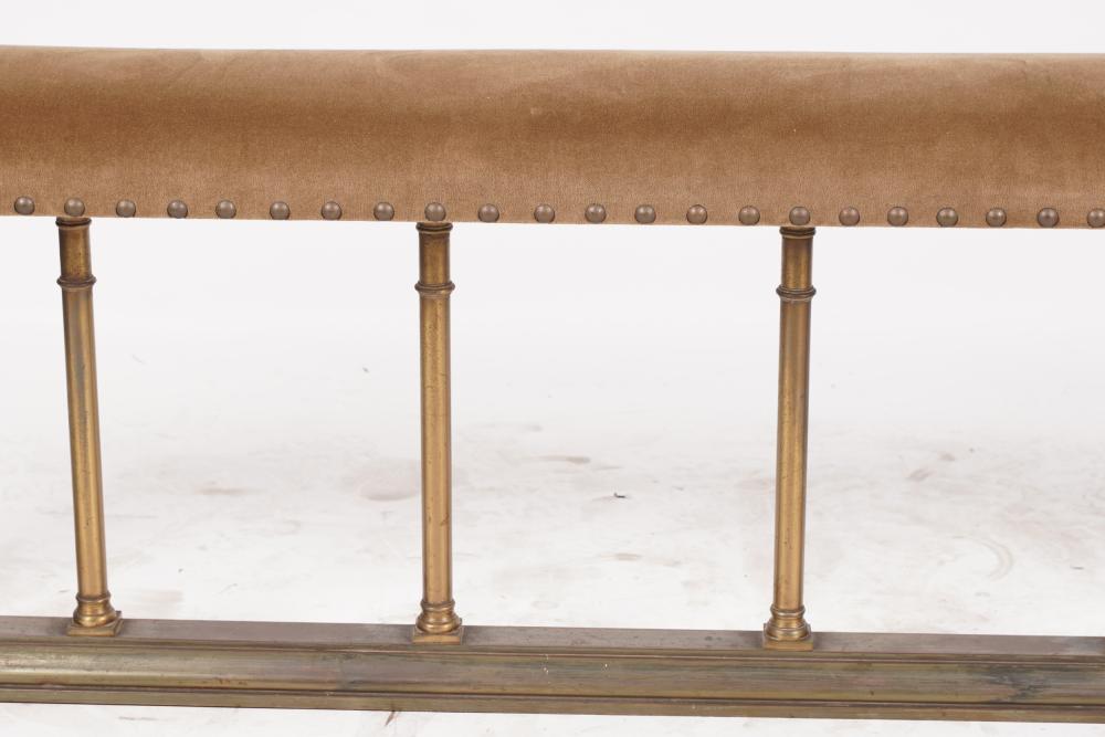 AF2-023: ANTIQUE LATE 19TH CENTURY CAST BRASS FIRESIDE BENCH W/ UPHOLSTERED SEAT