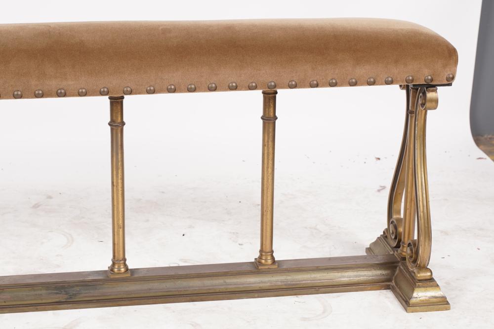 AF2-023: ANTIQUE LATE 19TH CENTURY CAST BRASS FIRESIDE BENCH W/ UPHOLSTERED SEAT