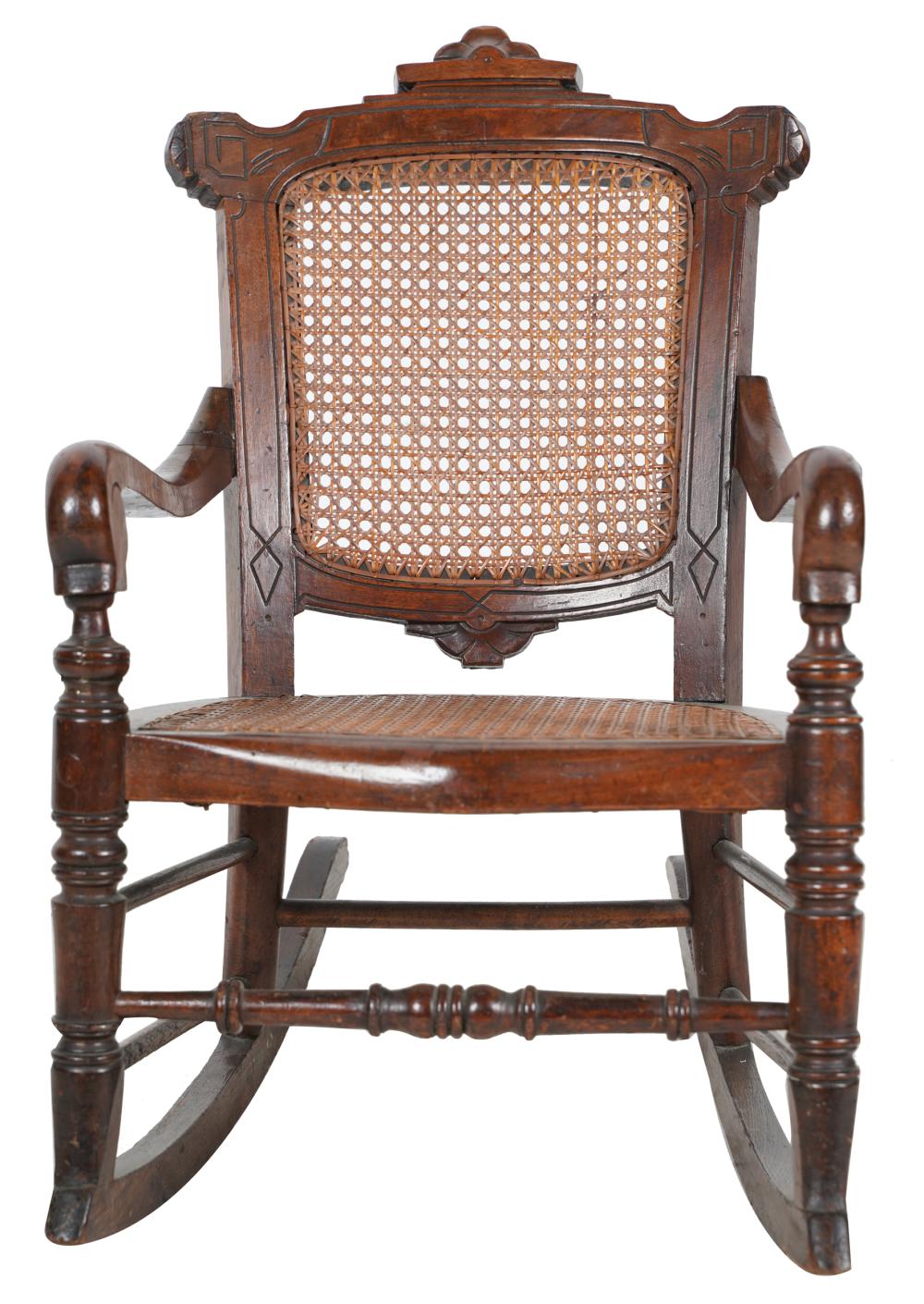 AF2-031: ANTIQUE LATE 19TH CENTURY AMERICAN VICTORIAN WALNUT CHILDS ROCKING CHAIR