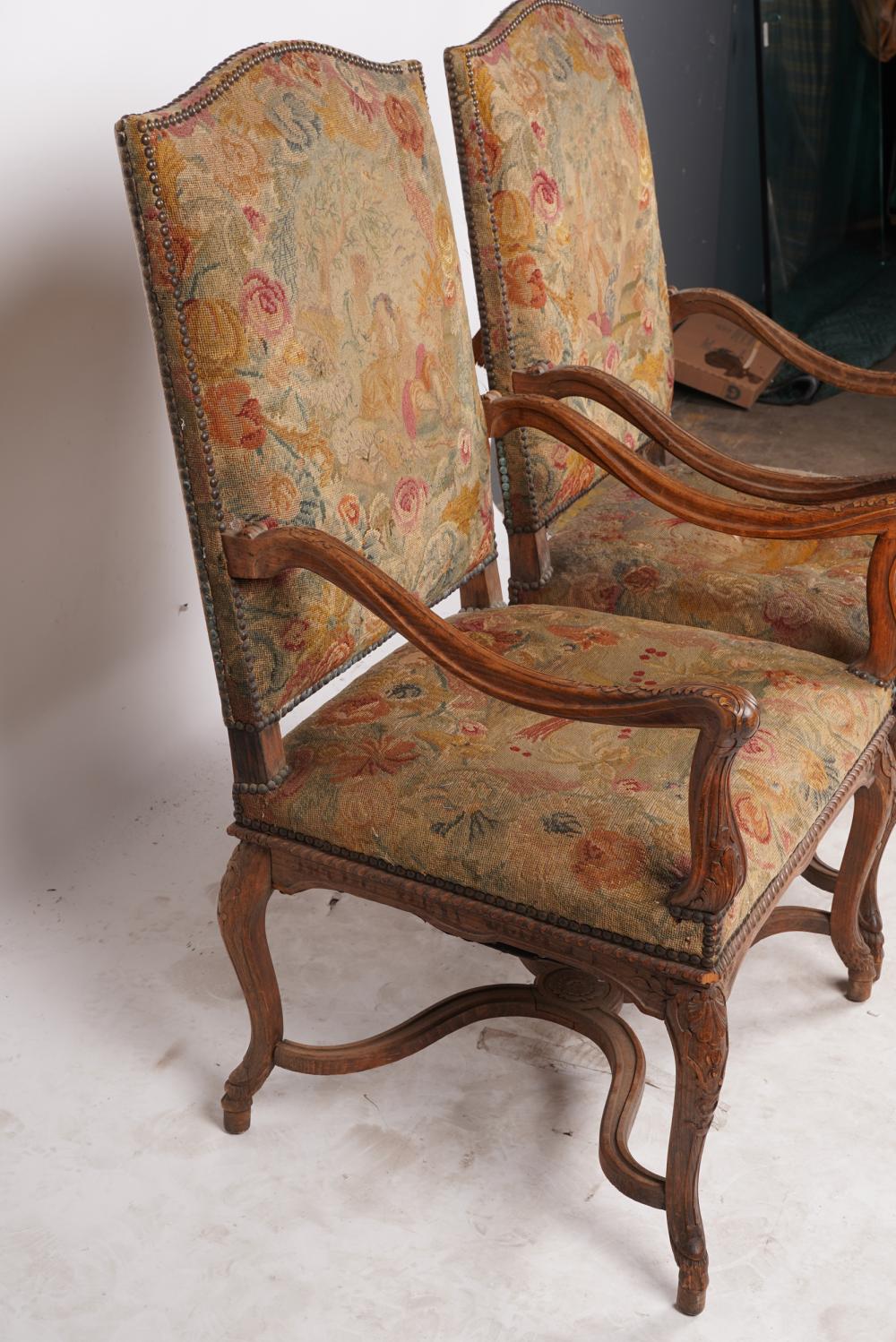 AF2-003: ANTIQUE PAIR OF LATE 19TH C FRENCH LOUIS XV STYLE CARVED FRUITWOOD FAUTEUILS