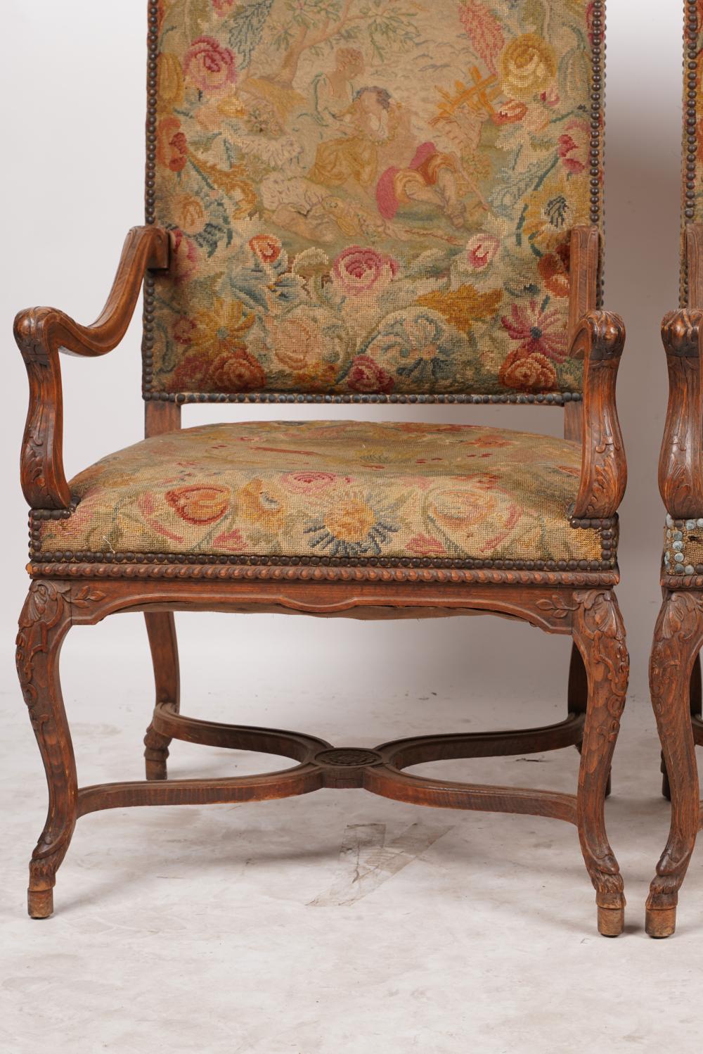 AF2-003: ANTIQUE PAIR OF LATE 19TH C FRENCH LOUIS XV STYLE CARVED FRUITWOOD FAUTEUILS