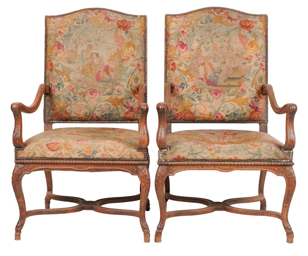 AF2-003: ANTIQUE PAIR OF LATE 19TH C FRENCH LOUIS XV STYLE CARVED FRUITWOOD FAUTEUILS