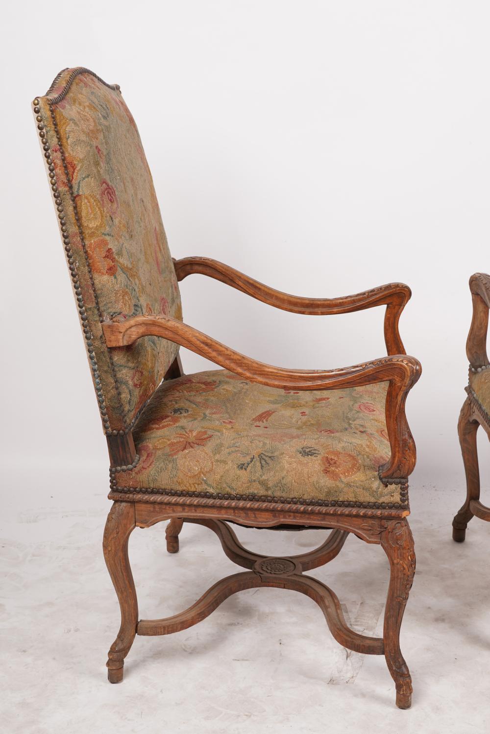 AF2-003: ANTIQUE PAIR OF LATE 19TH C FRENCH LOUIS XV STYLE CARVED FRUITWOOD FAUTEUILS