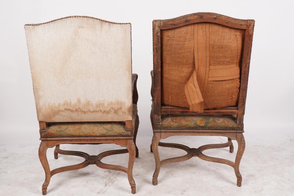 AF2-003: ANTIQUE PAIR OF LATE 19TH C FRENCH LOUIS XV STYLE CARVED FRUITWOOD FAUTEUILS