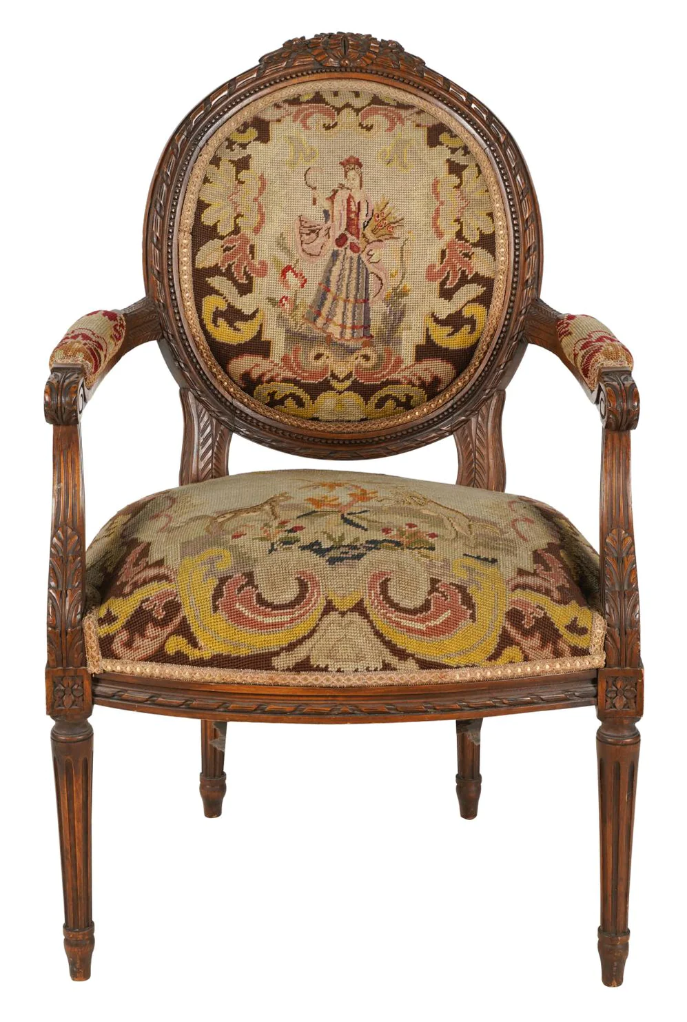 AF2-024: ANTIQUE LATE 19TH C LOUIS XVI STYLE BEECHWOOD FAUTEUIL W/ NEEDLEPOINT UPHOLSTERY