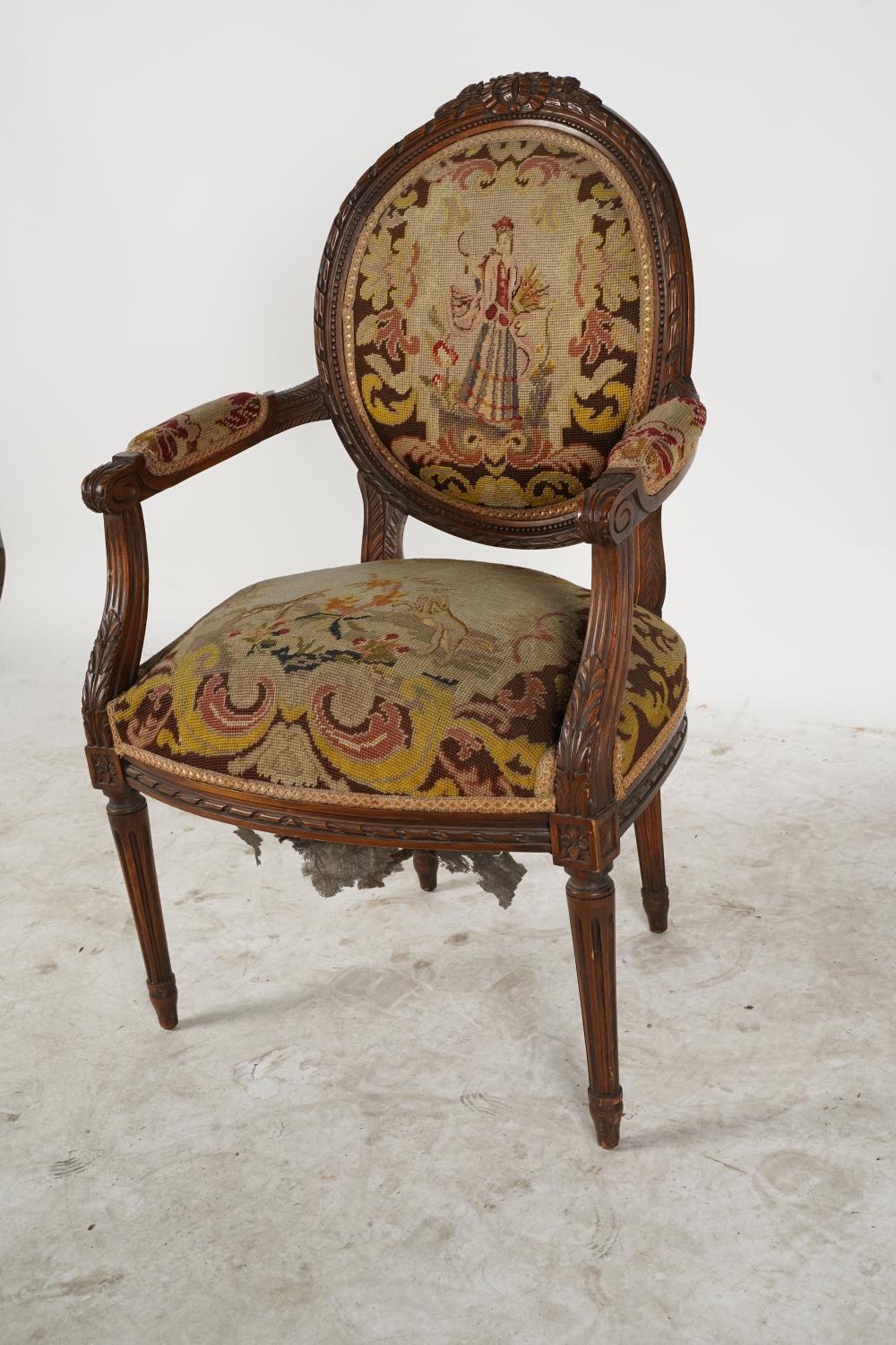 AF2-024: ANTIQUE LATE 19TH C LOUIS XVI STYLE BEECHWOOD FAUTEUIL W/ NEEDLEPOINT UPHOLSTERY