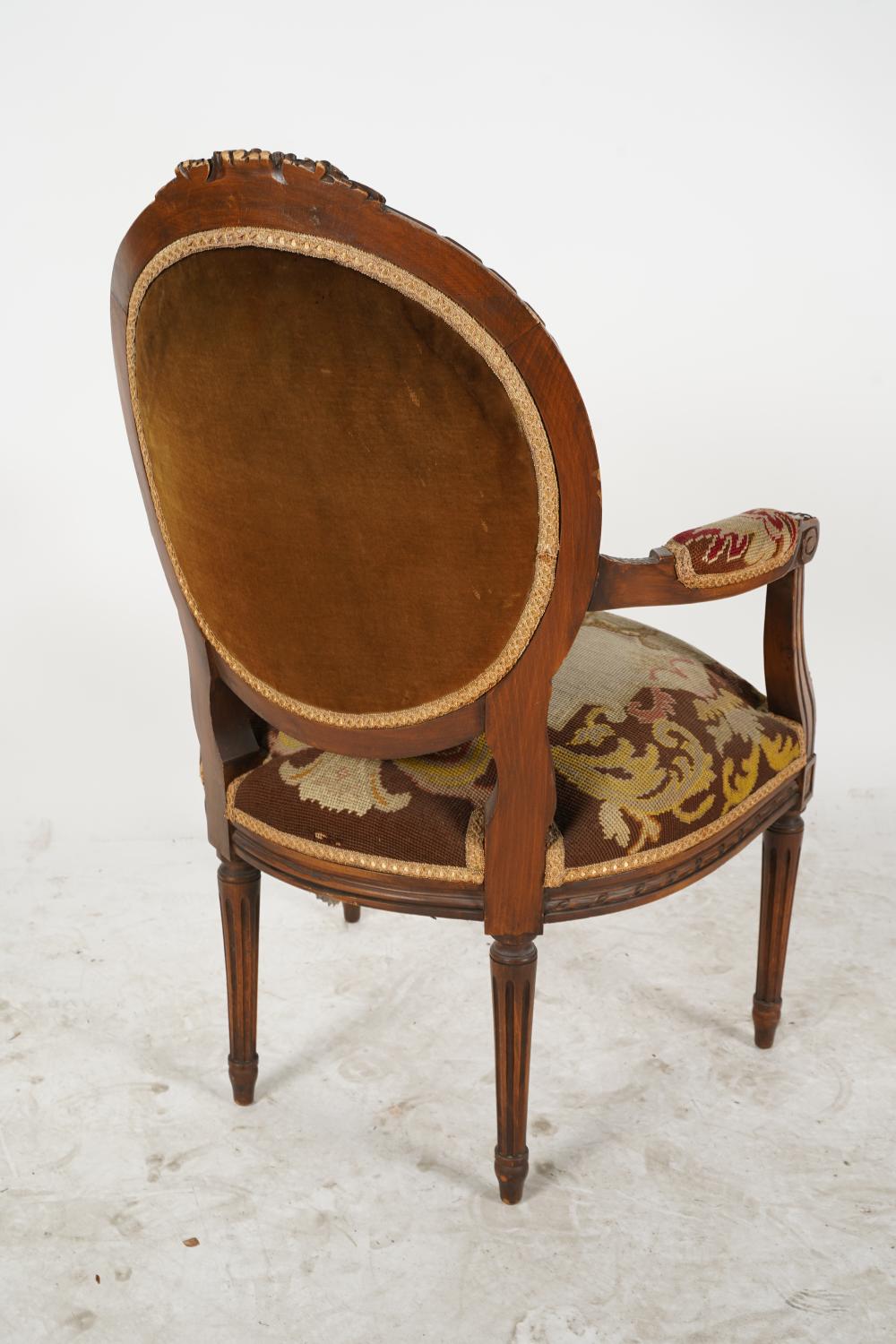 AF2-024: ANTIQUE LATE 19TH C LOUIS XVI STYLE BEECHWOOD FAUTEUIL W/ NEEDLEPOINT UPHOLSTERY