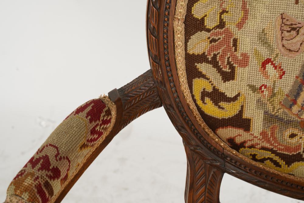 AF2-024: ANTIQUE LATE 19TH C LOUIS XVI STYLE BEECHWOOD FAUTEUIL W/ NEEDLEPOINT UPHOLSTERY