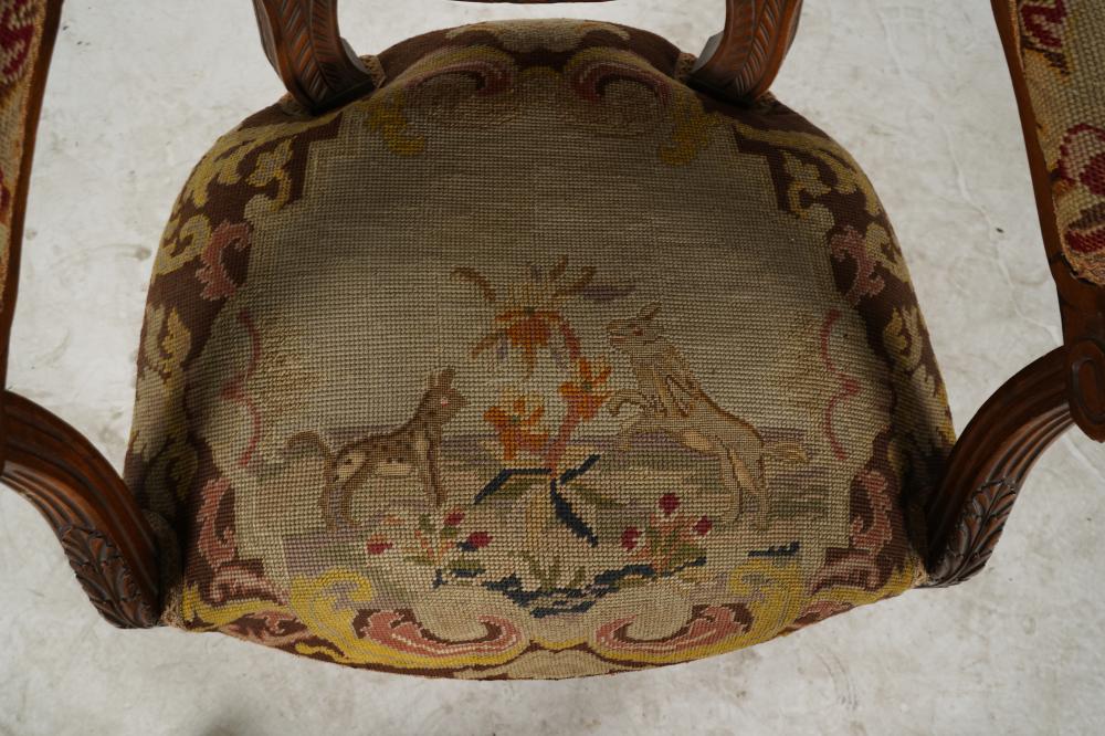 AF2-024: ANTIQUE LATE 19TH C LOUIS XVI STYLE BEECHWOOD FAUTEUIL W/ NEEDLEPOINT UPHOLSTERY