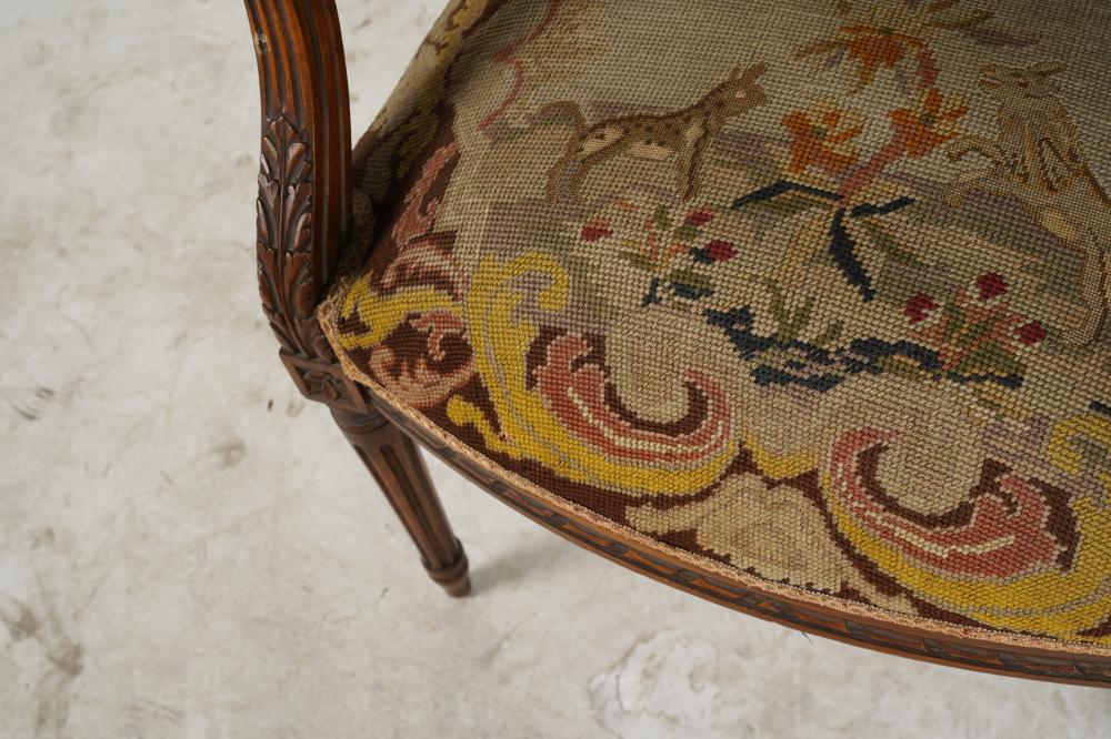 AF2-024: ANTIQUE LATE 19TH C LOUIS XVI STYLE BEECHWOOD FAUTEUIL W/ NEEDLEPOINT UPHOLSTERY