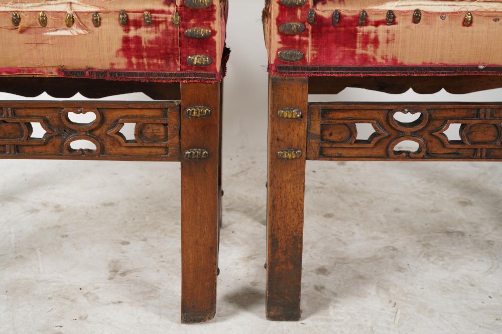 AF2-095: ANTIQUE PAIR OF MID 18TH CENTURY SPANISH BAROQUE CARVED WALNUT UPHOLSTERED ARM CHAIRS