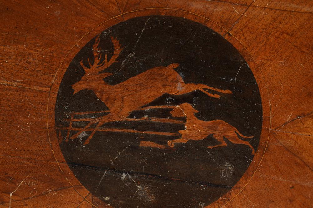 AF1-070:  ANTIQUE EARLY 19TH CENTURY AMERICAN CLASSICAL WALNUT CENTER TABLE WITH STAG'S LEAP INLAY