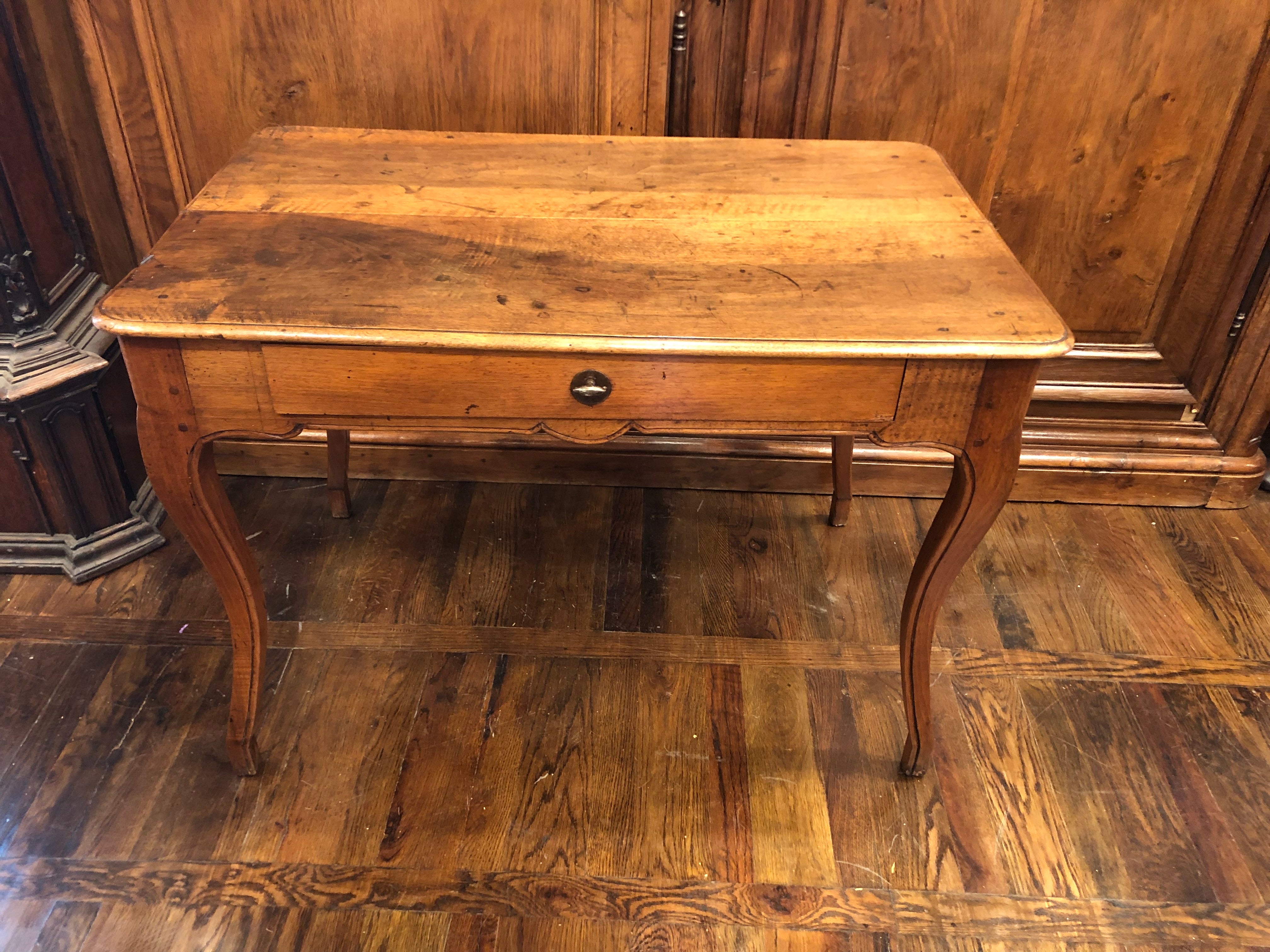 AF1-349: Antique Early 19th Century French Provincial Fruitwood Writing Table / Desk w/ Center Drawer