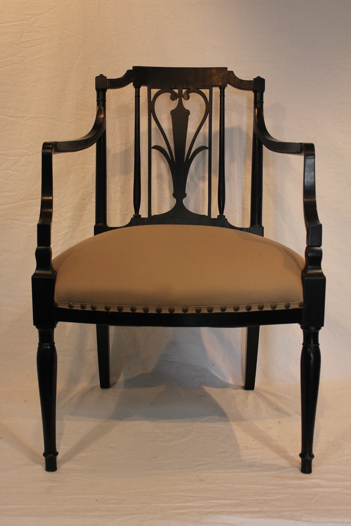 AF2-136 - Antique Pair of Early 20th Century French Directoire Style Black Lacquer Open Arm Chairs