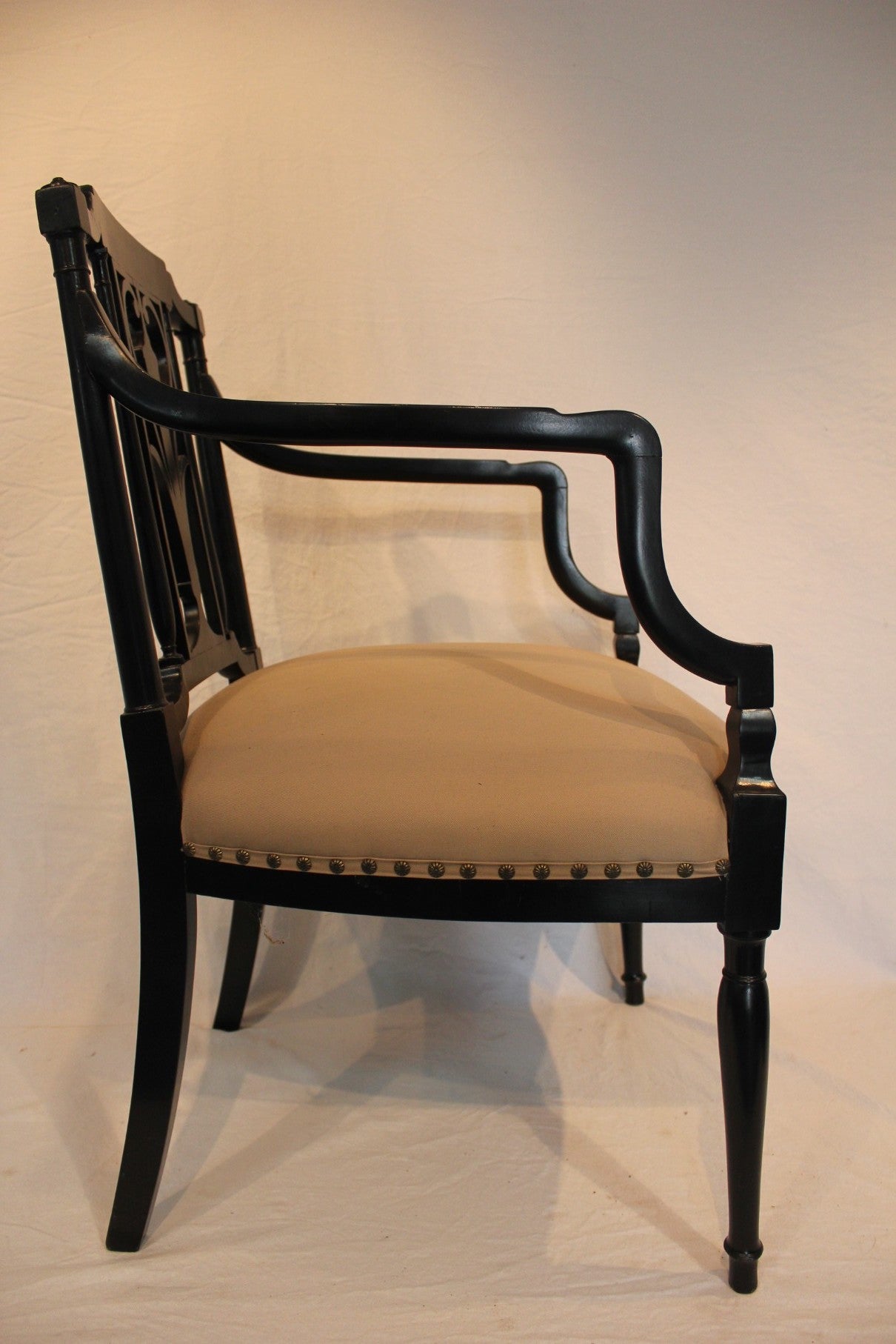 AF2-136 - Antique Pair of Early 20th Century French Directoire Style Black Lacquer Open Arm Chairs