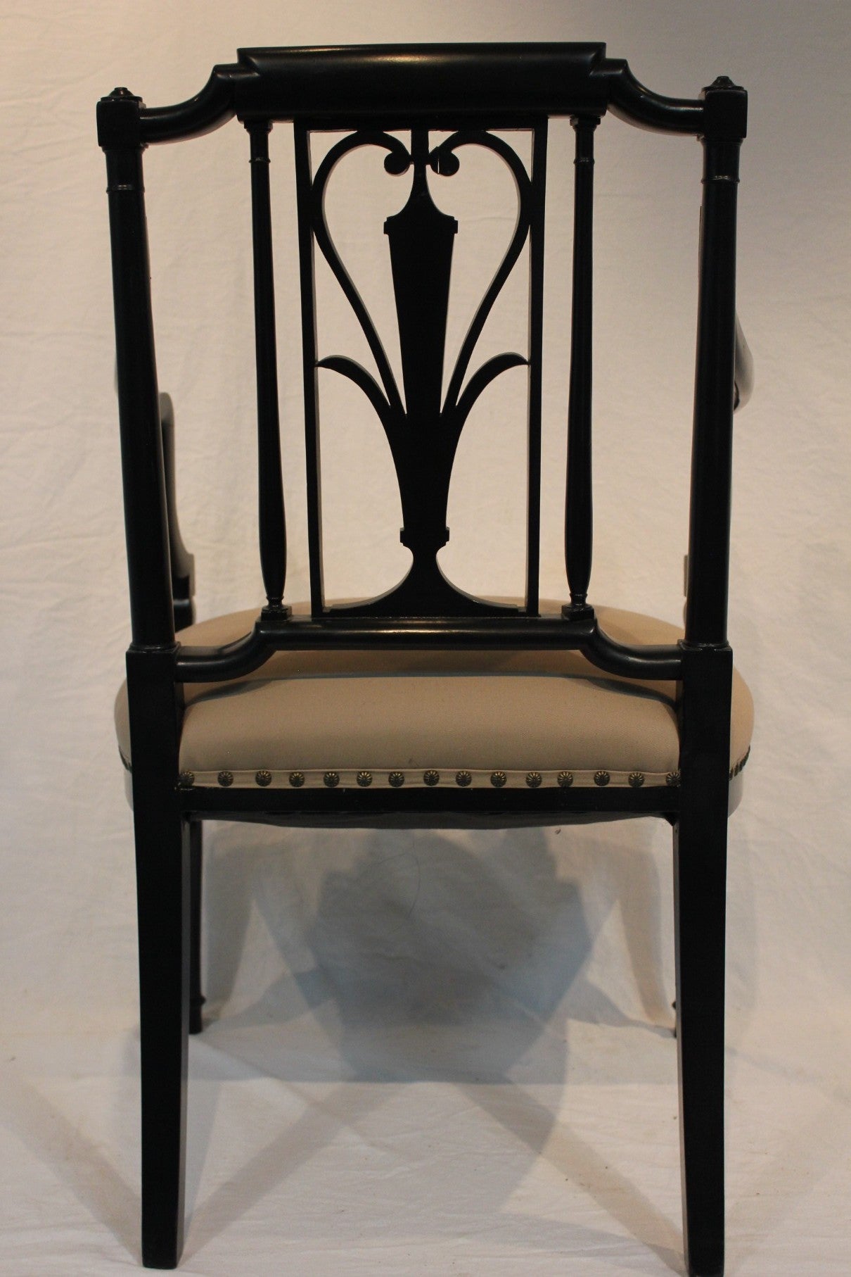 AF2-136 - Antique Pair of Early 20th Century French Directoire Style Black Lacquer Open Arm Chairs