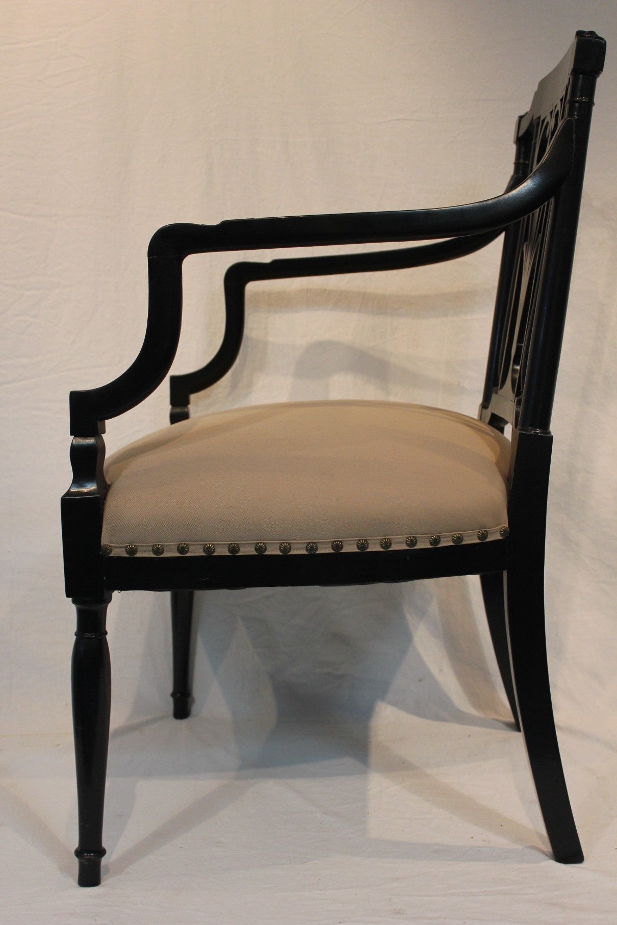 AF2-136 - Antique Pair of Early 20th Century French Directoire Style Black Lacquer Open Arm Chairs