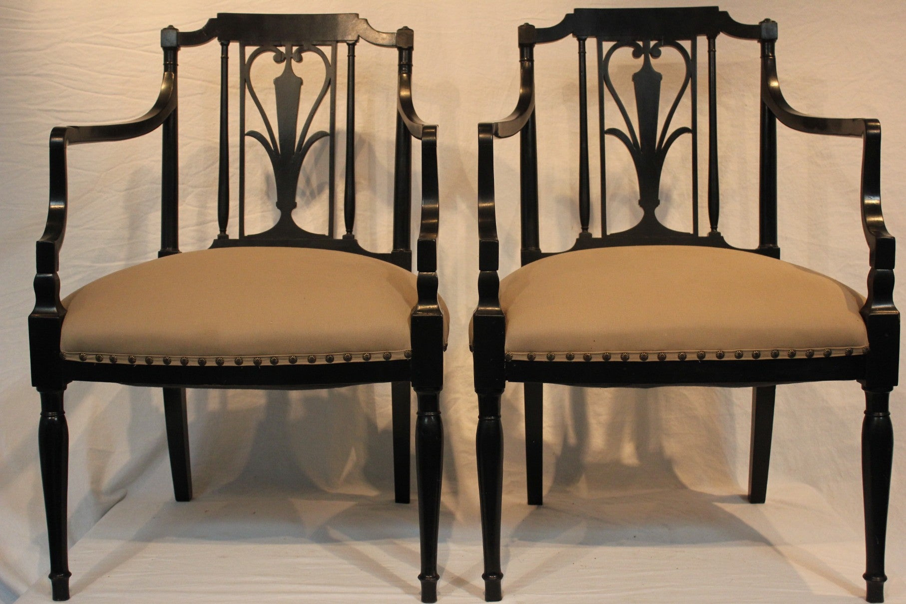 AF2-136 - Antique Pair of Early 20th Century French Directoire Style Black Lacquer Open Arm Chairs