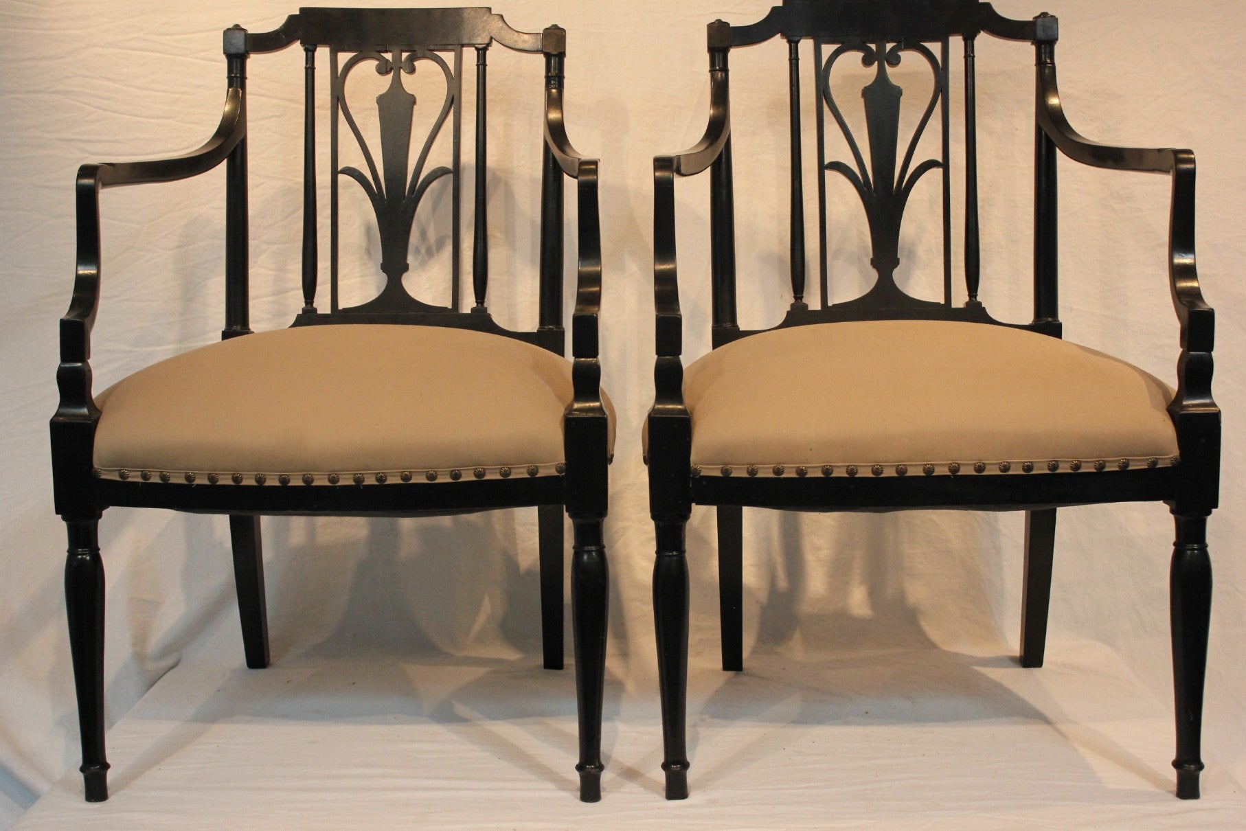 AF2-136 - Antique Pair of Early 20th Century French Directoire Style Black Lacquer Open Arm Chairs