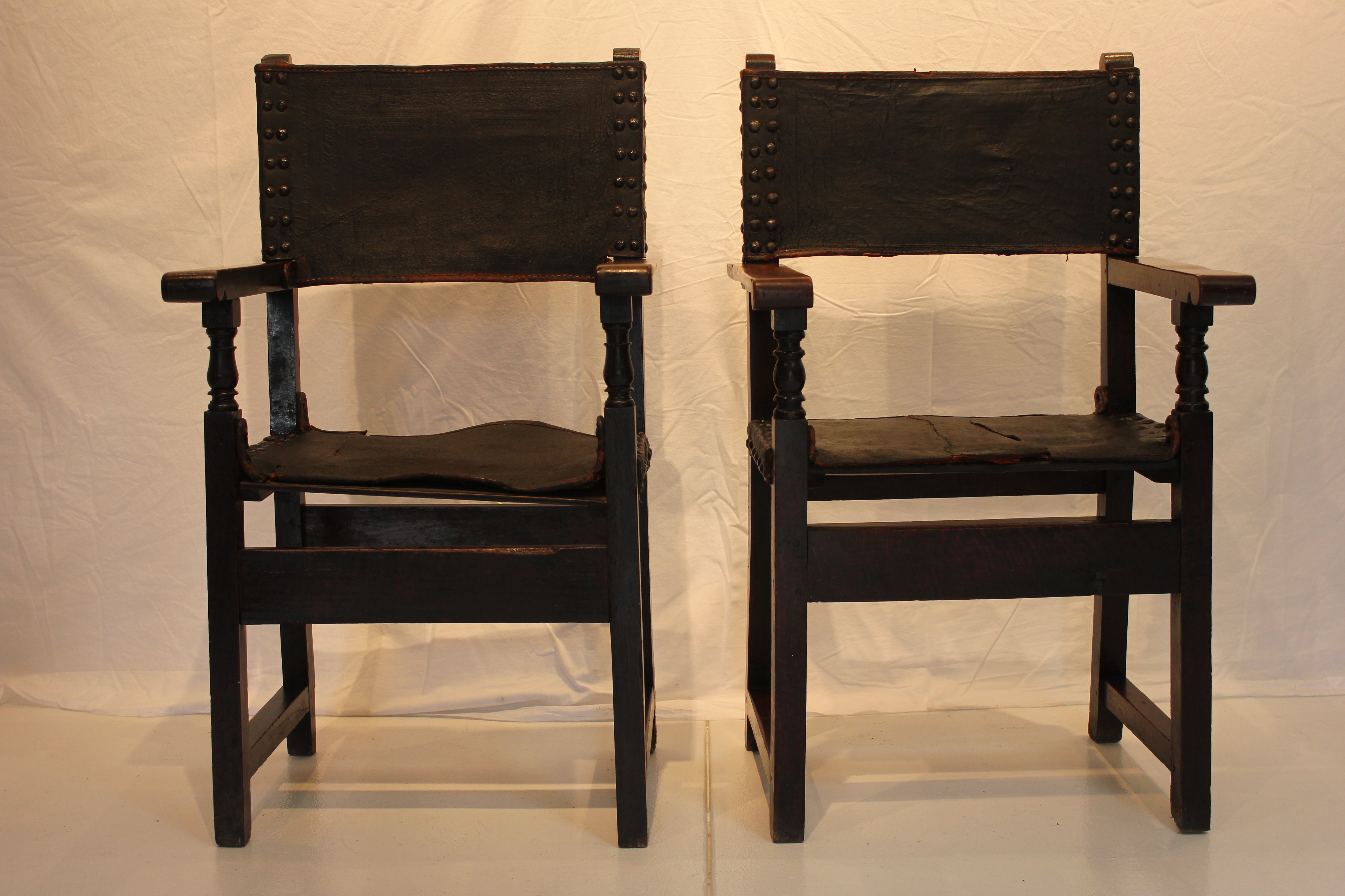 AF2-220: Antique Pair of Mid 18th Century Spanish Baroque Walnut Open Arm Chairs