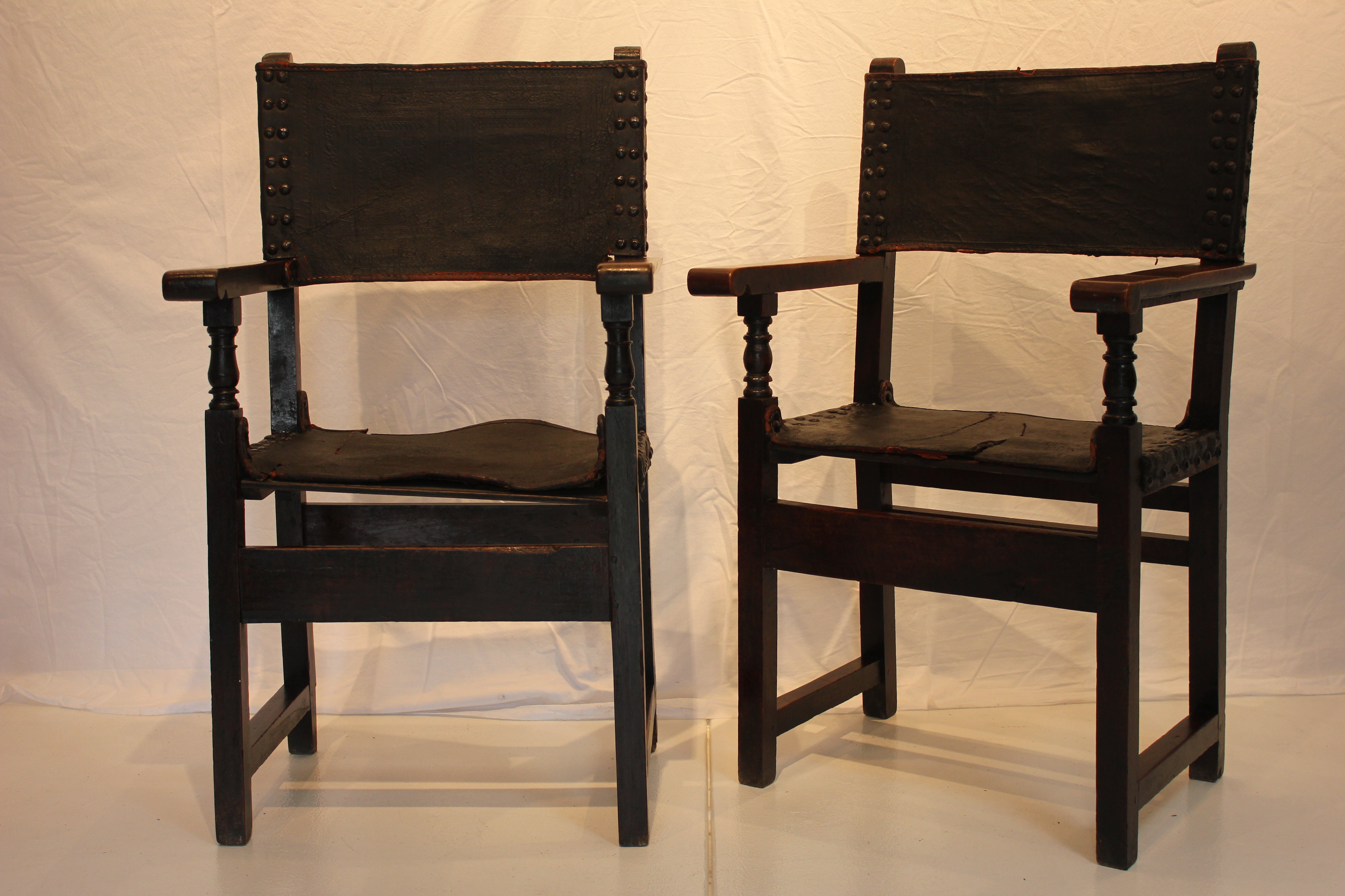 AF2-220: Antique Pair of Mid 18th Century Spanish Baroque Walnut Open Arm Chairs