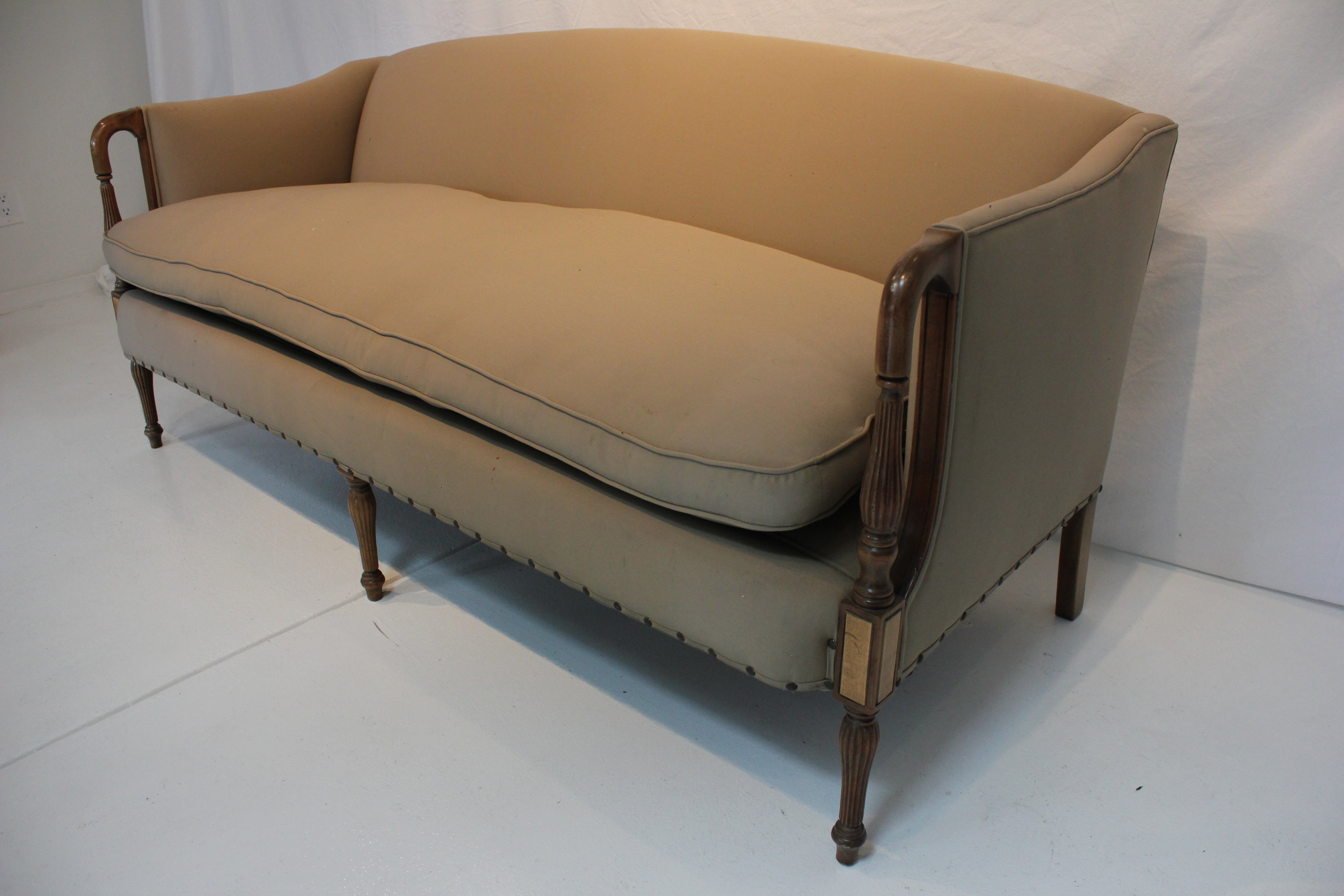 AF2-185: Antique English Sheraton Style Mahogany Inlay Sofa W/ Down Cushion Circa 1920