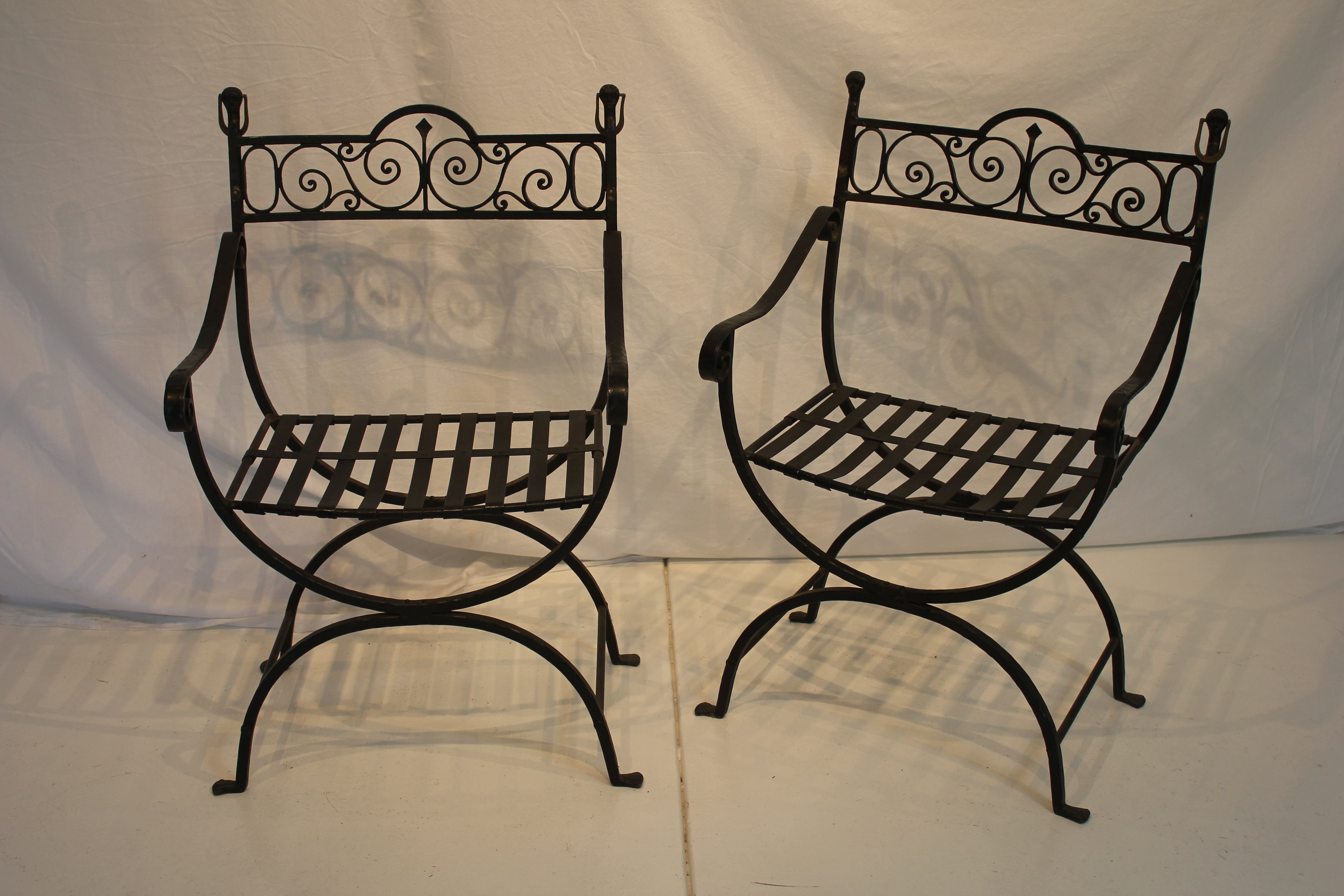 AF2-343: Antique Pair of C 1920's Spanish Colonial Revival Hand Forged Wrought Iron Arm Chairs