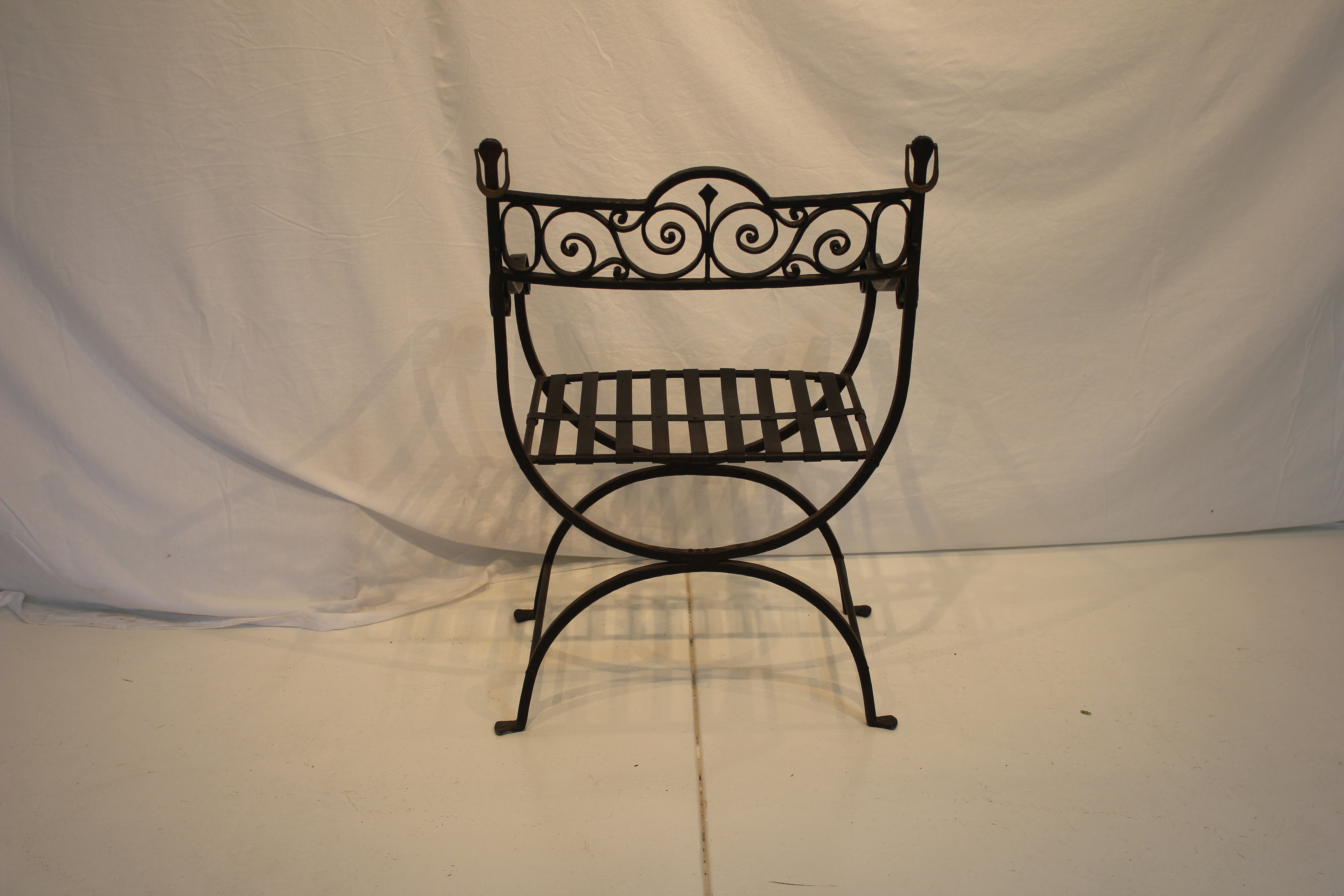 AF2-343: Antique Pair of C 1920's Spanish Colonial Revival Hand Forged Wrought Iron Arm Chairs