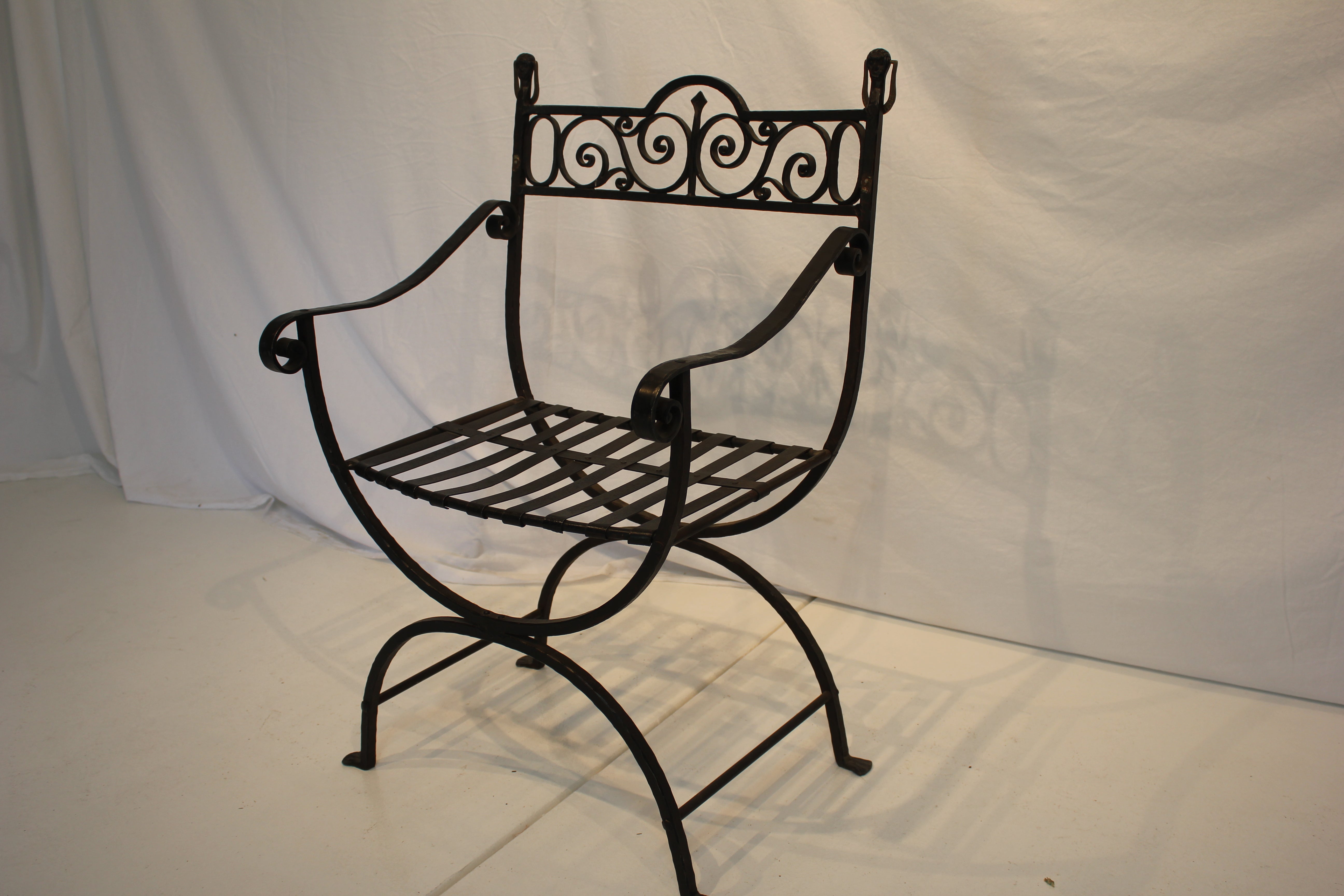 AF2-343: Antique Pair of C 1920's Spanish Colonial Revival Hand Forged Wrought Iron Arm Chairs