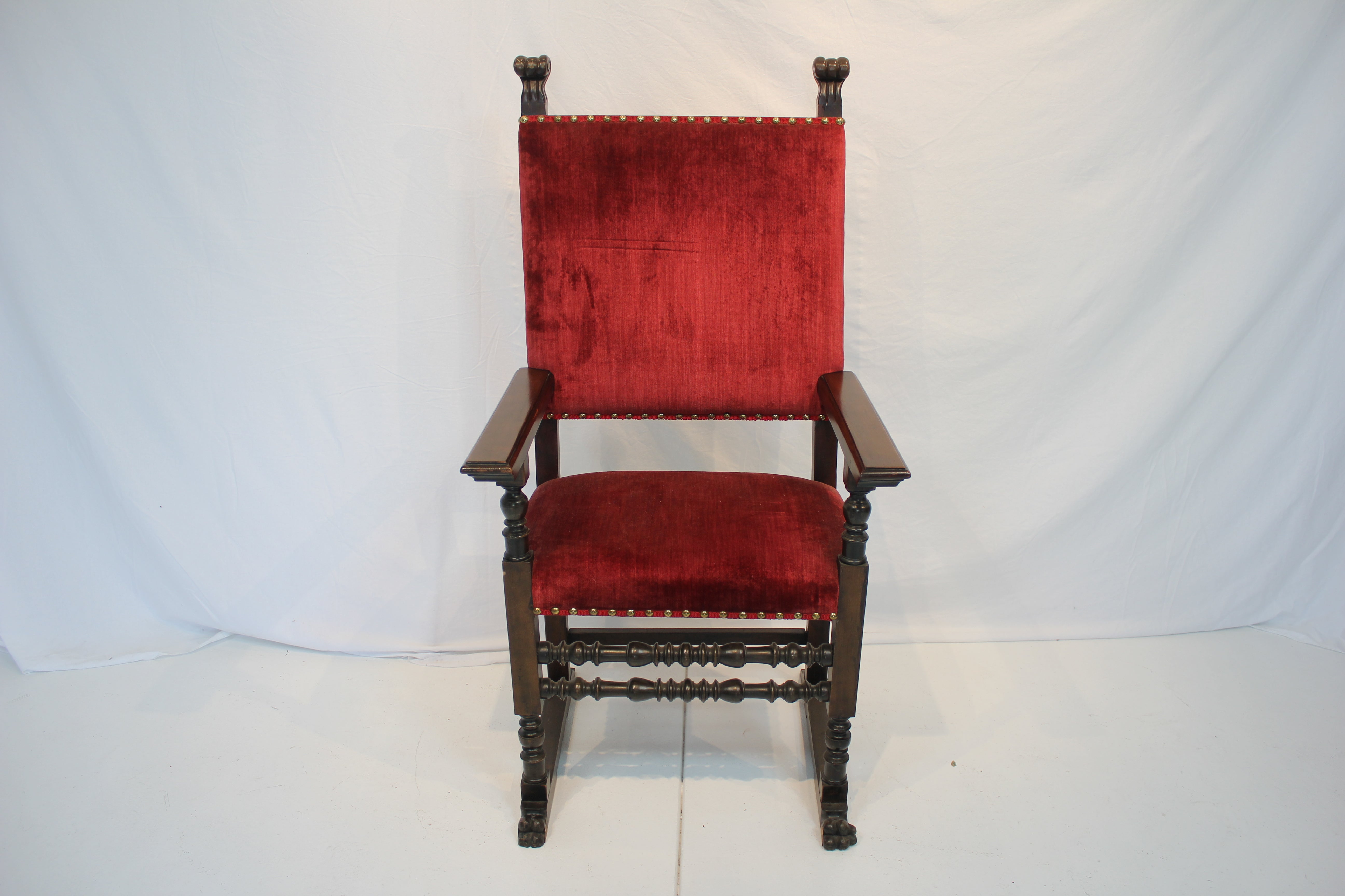 AF2-337: Antique Late 19th Century Henry II Style Walnut Arm Chair with Red Velvet Upholstery