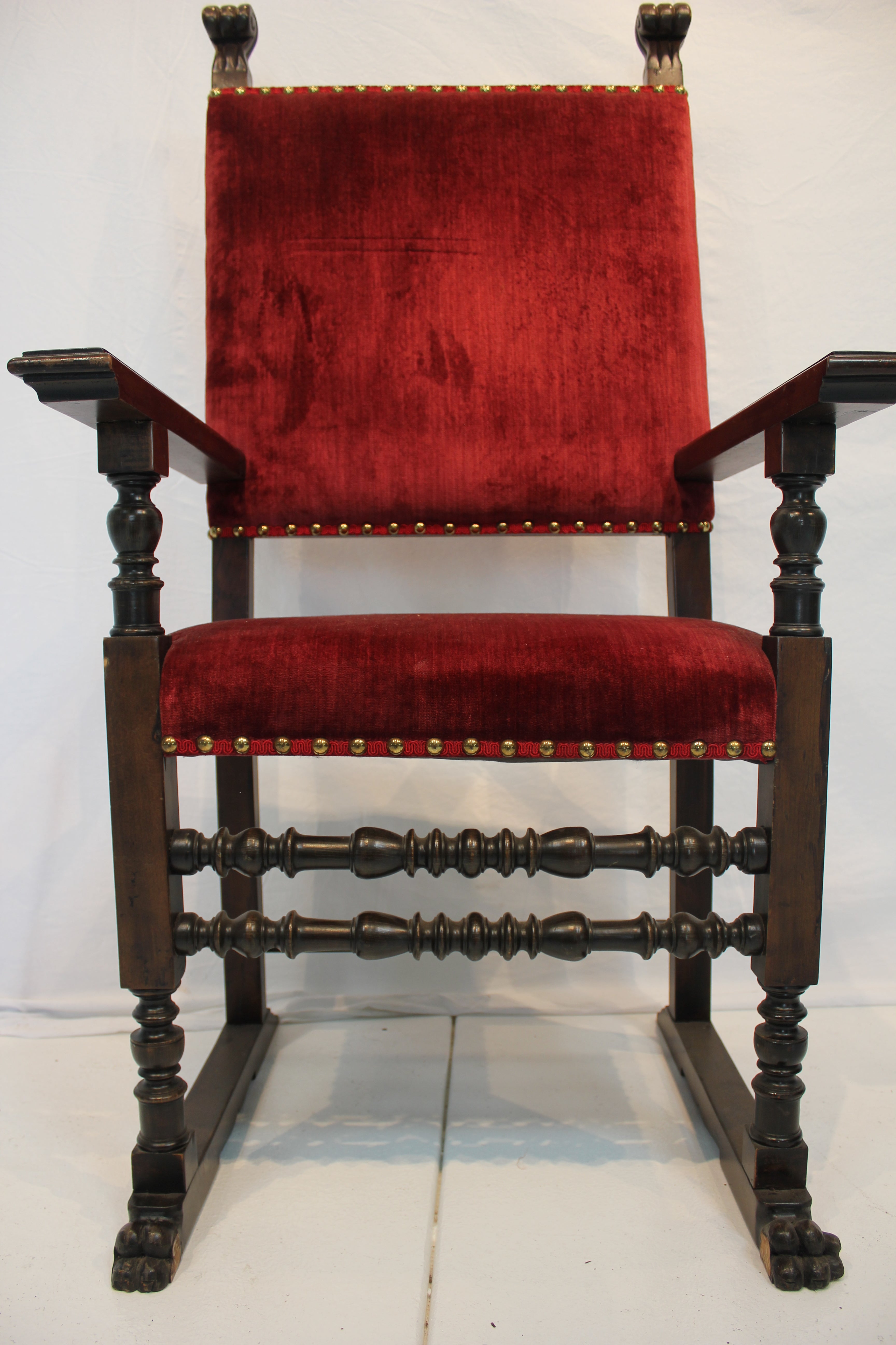 AF2-337: Antique Late 19th Century Henry II Style Walnut Arm Chair with Red Velvet Upholstery