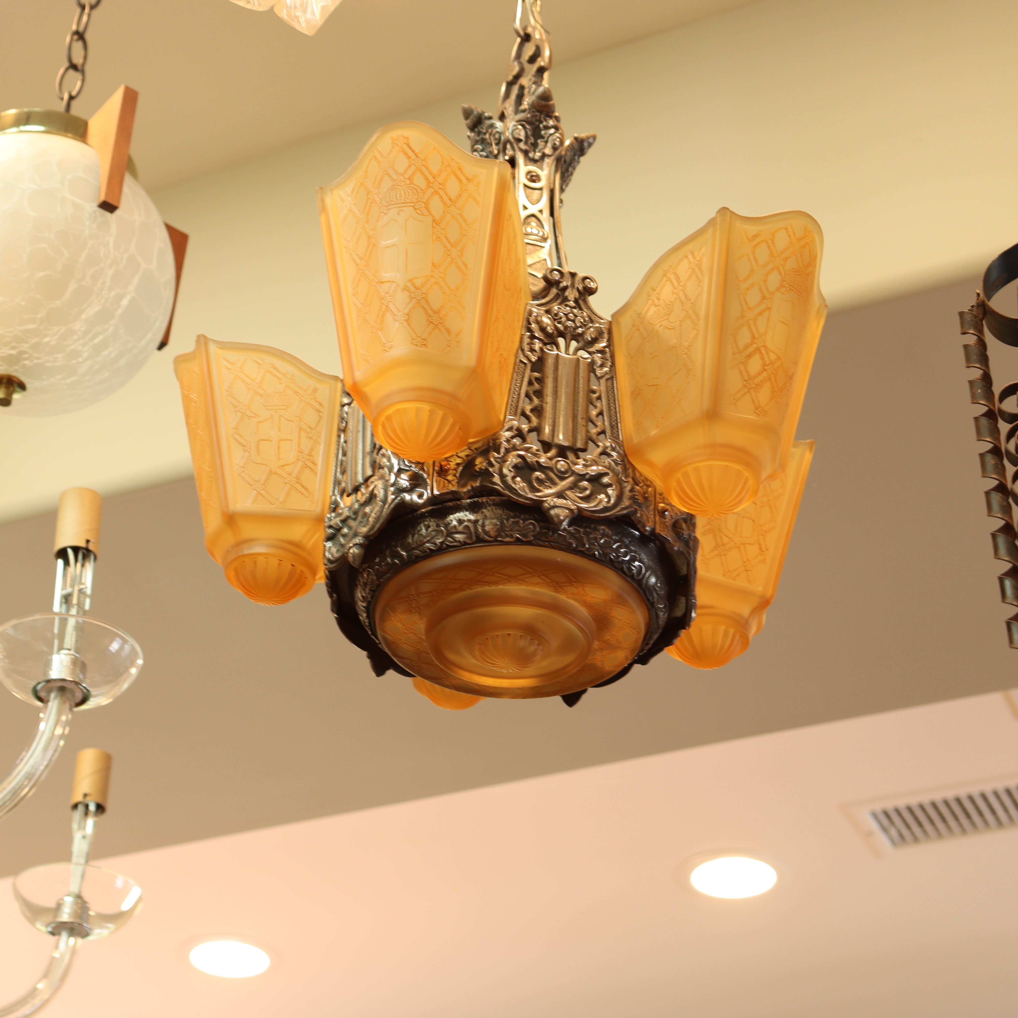 AL1-075: Antique Circa 1920's Art Deco English Tudor Amber Glass Shade Chandelier