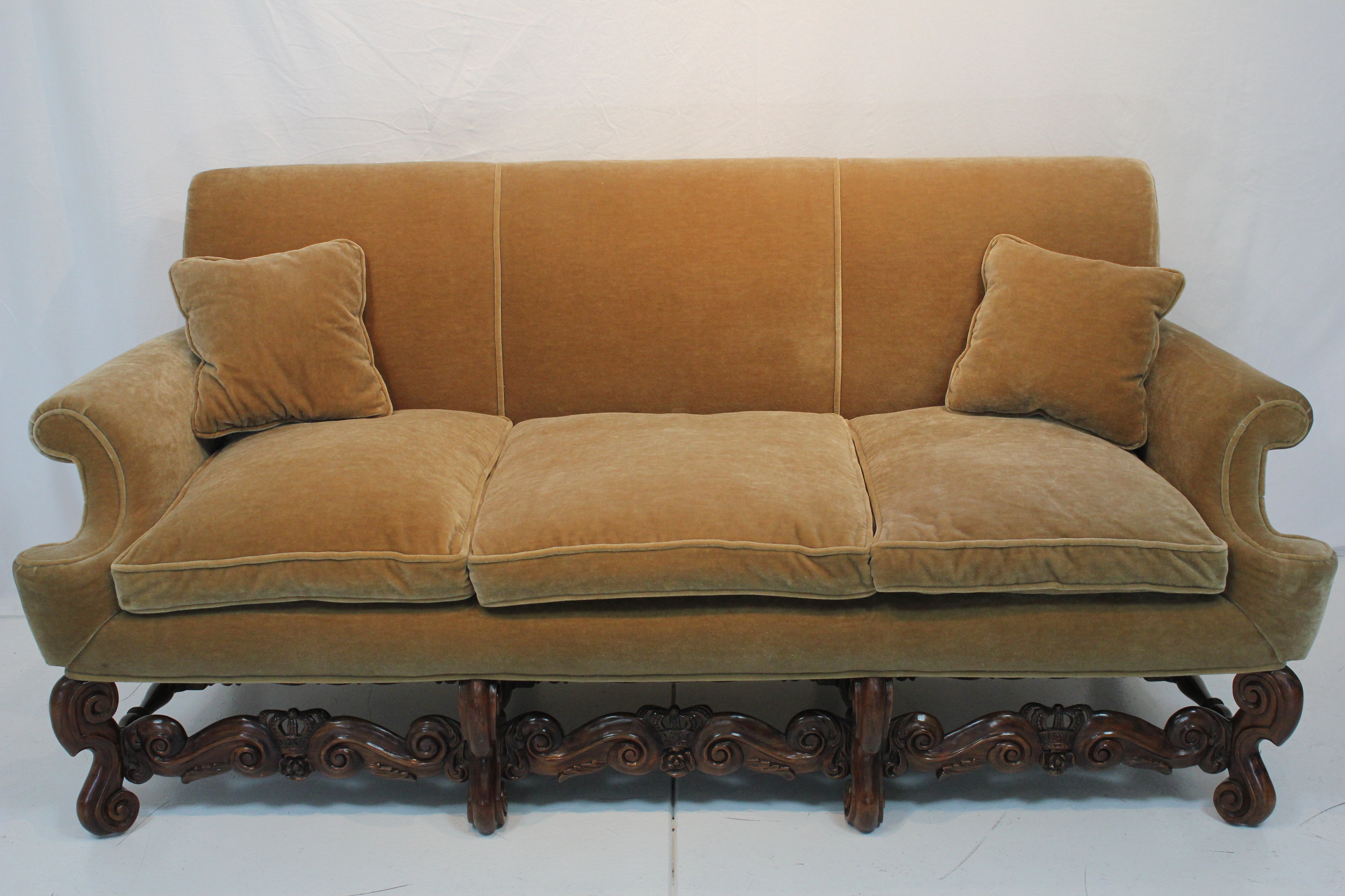 AF2-125: Antique Pair of Early 20th Century Charles II Style Carved Walnut Sofas w/ Mohair Upholstery