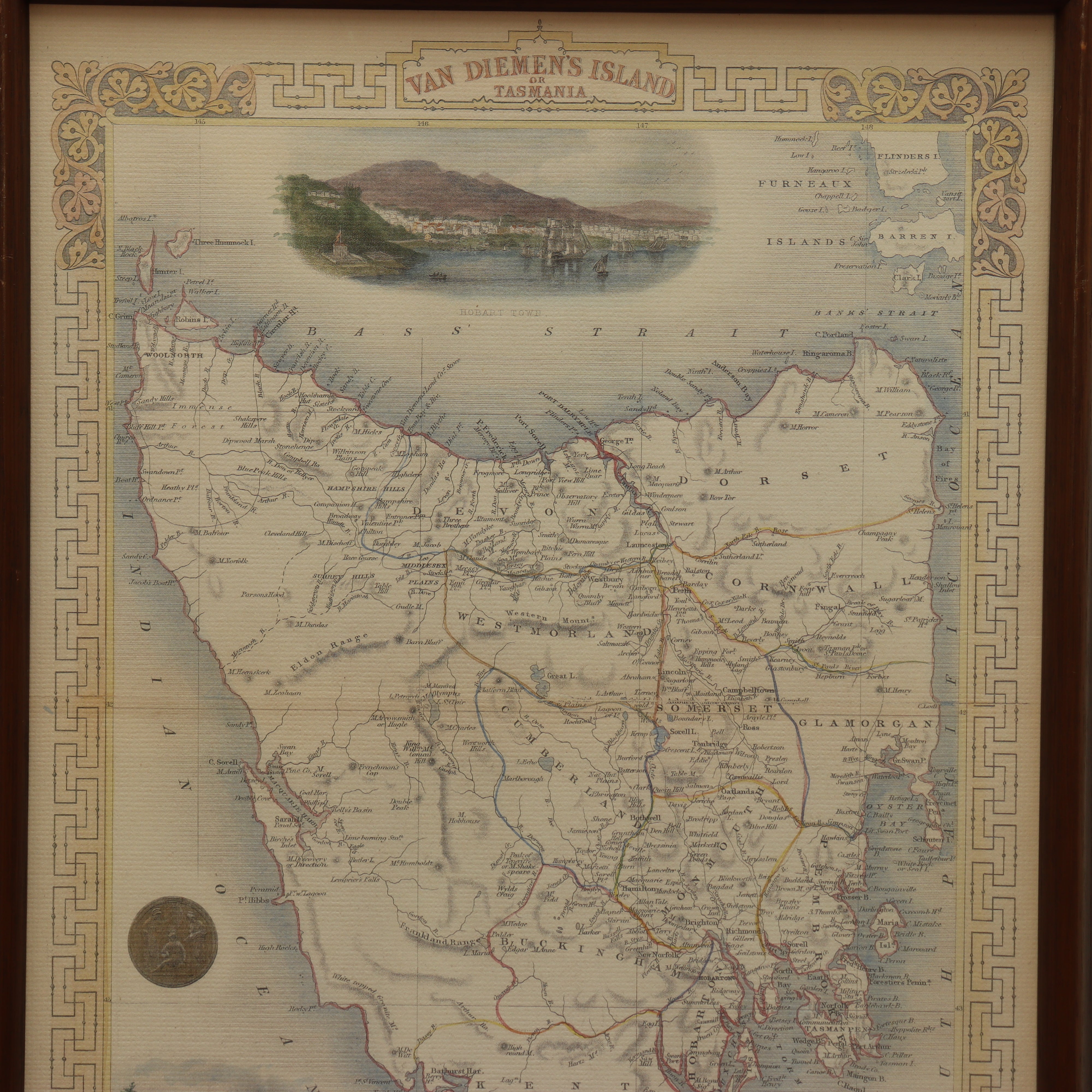 AW7-073: Later 20th Century Re-Printed Engraving of J. Rogers Map of Van Diemen's Land "Tasmania"