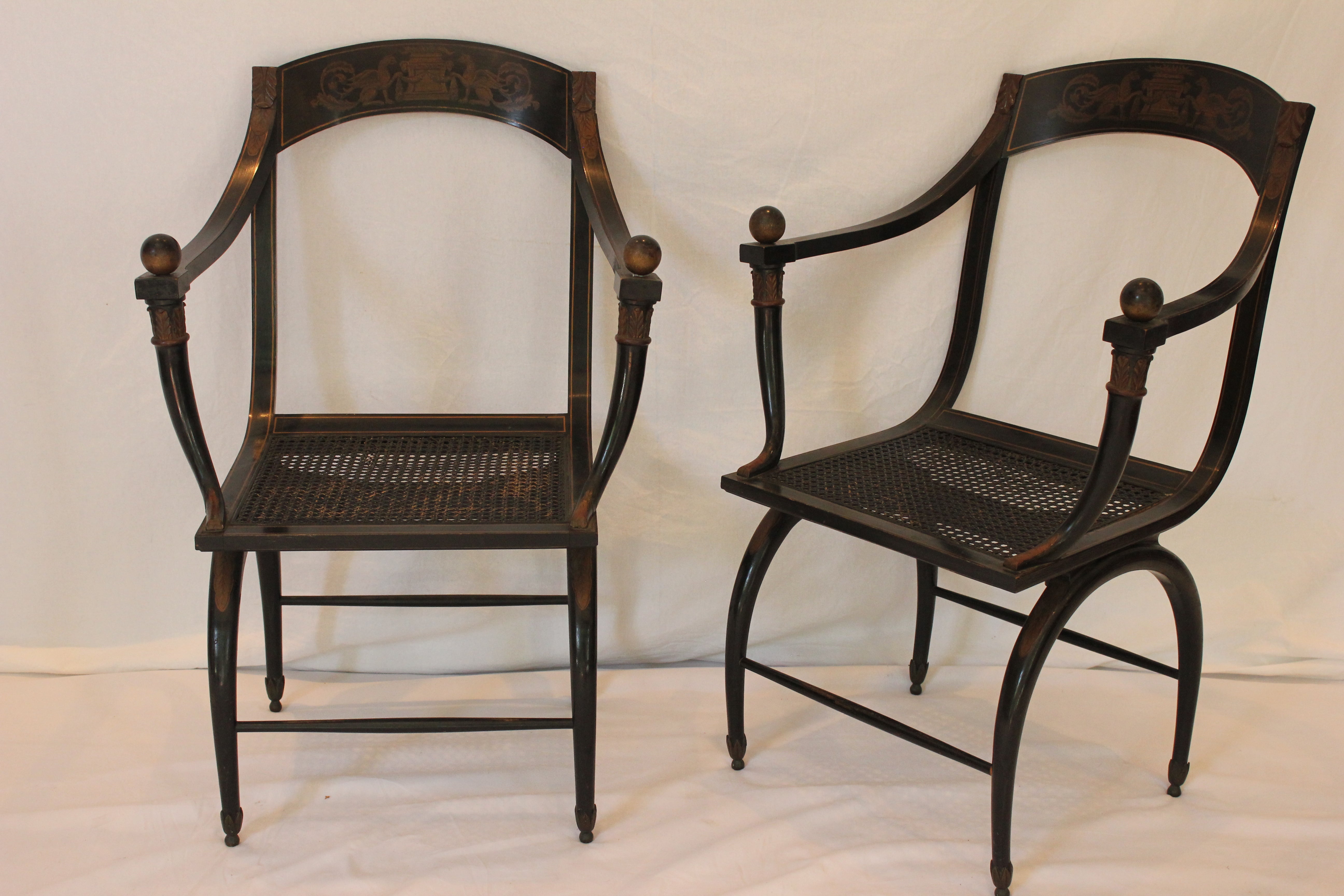 AF2-361: Antique Pair of Early 20th Century Napoleonic Campaign Style Arm Chairs