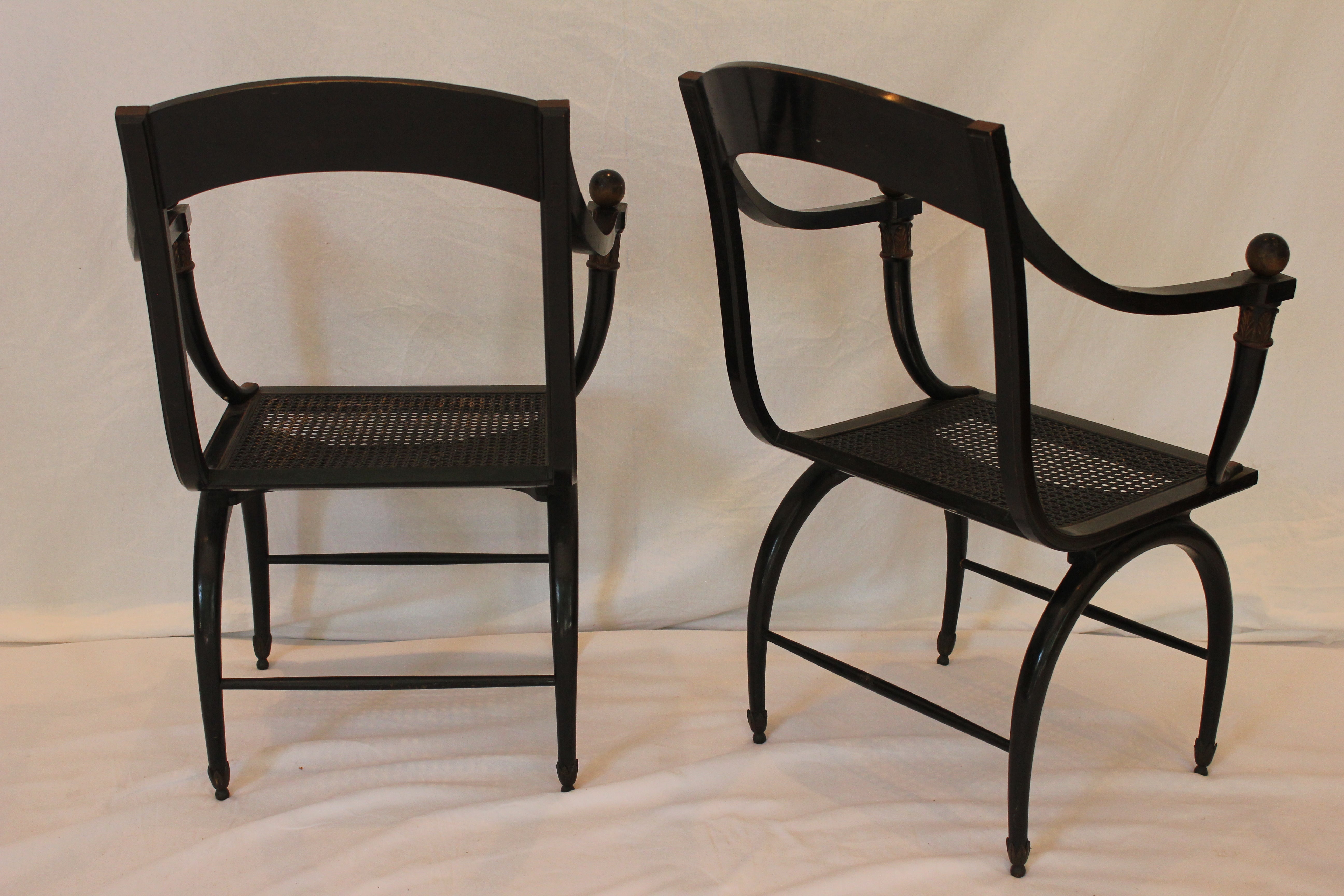 AF2-361: Antique Pair of Early 20th Century Napoleonic Campaign Style Arm Chairs