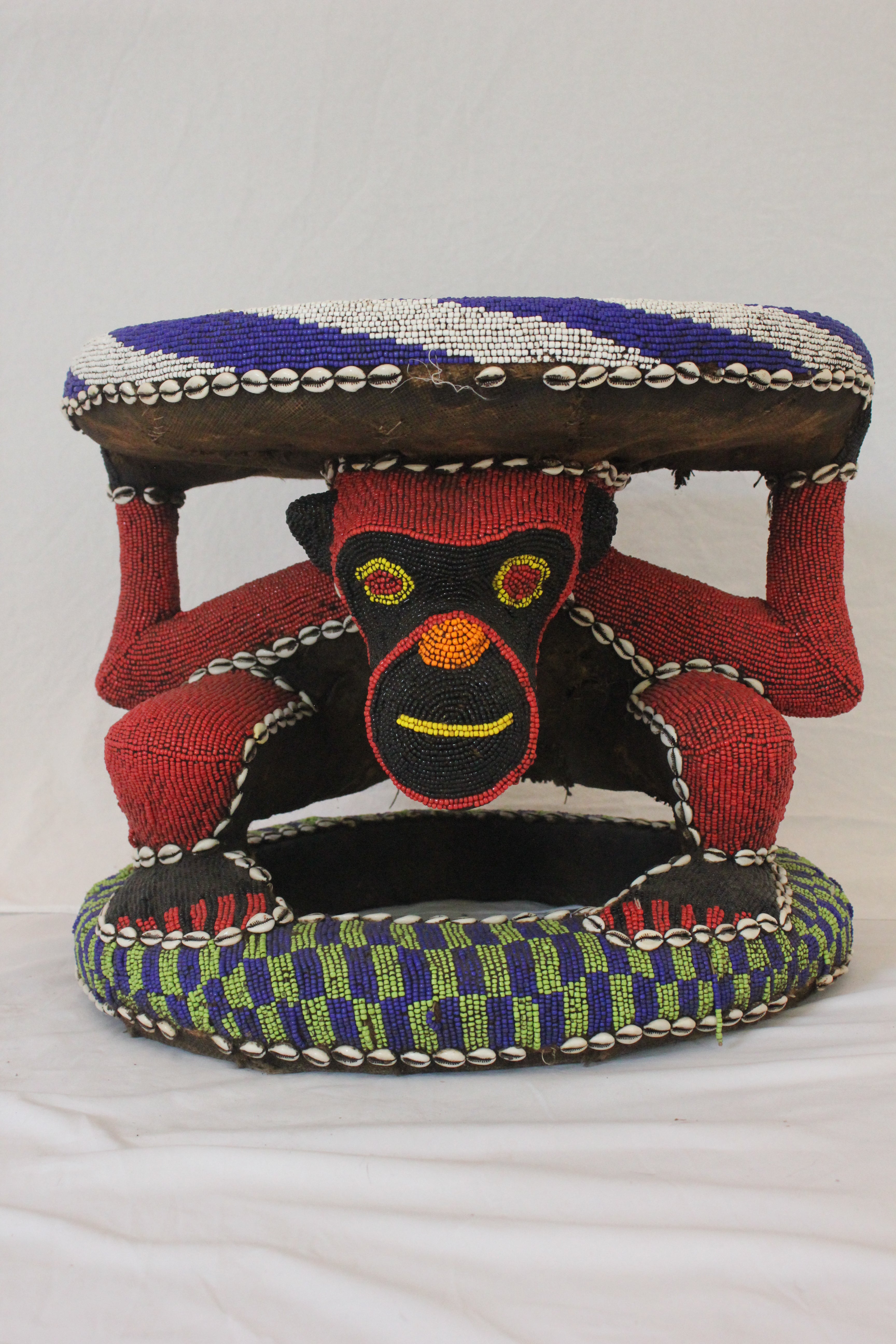 AF2-380 - Vintage Late 20th Century Nigerian Beaded Monkey Stool