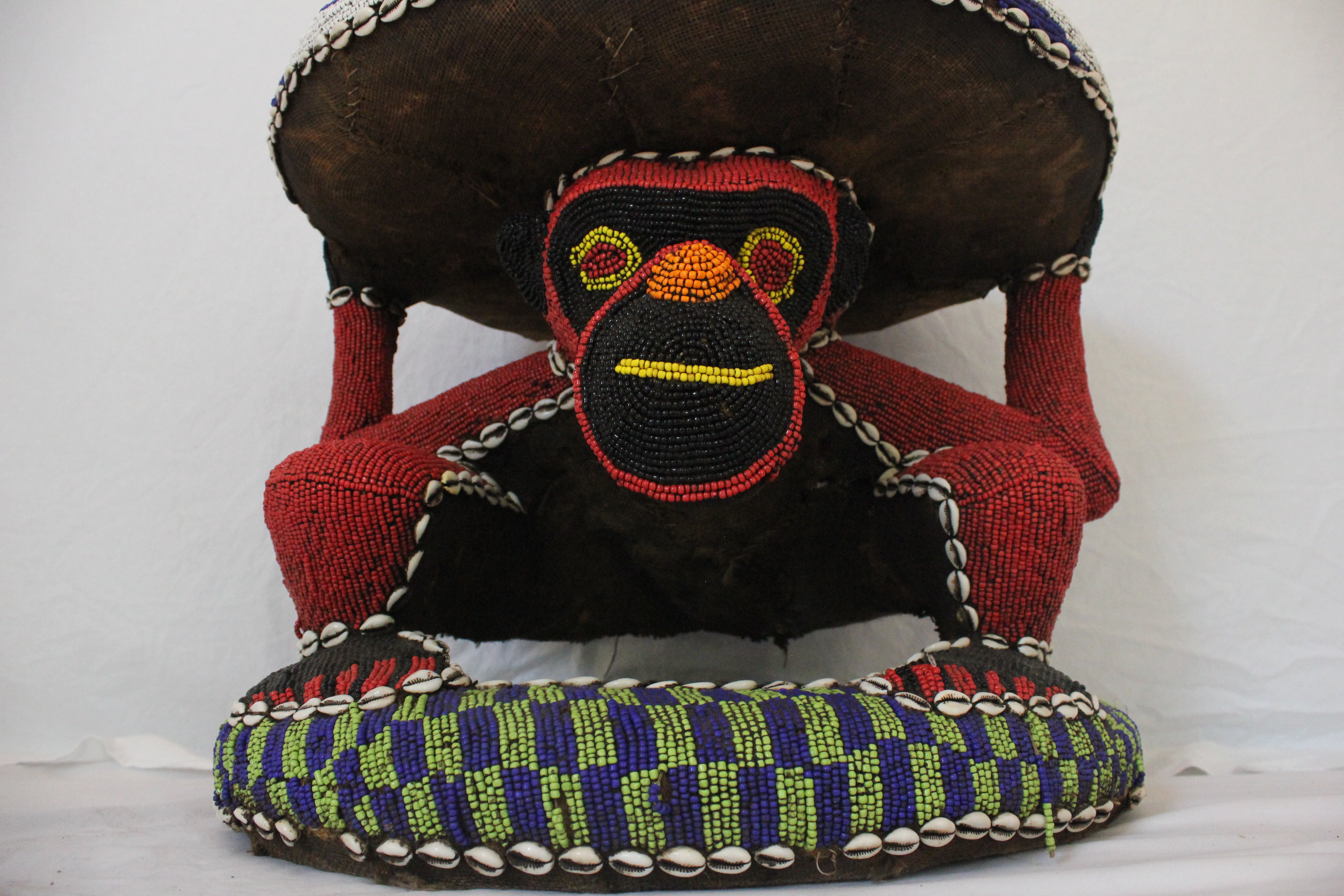 AF2-380 - Vintage Late 20th Century Nigerian Beaded Monkey Stool