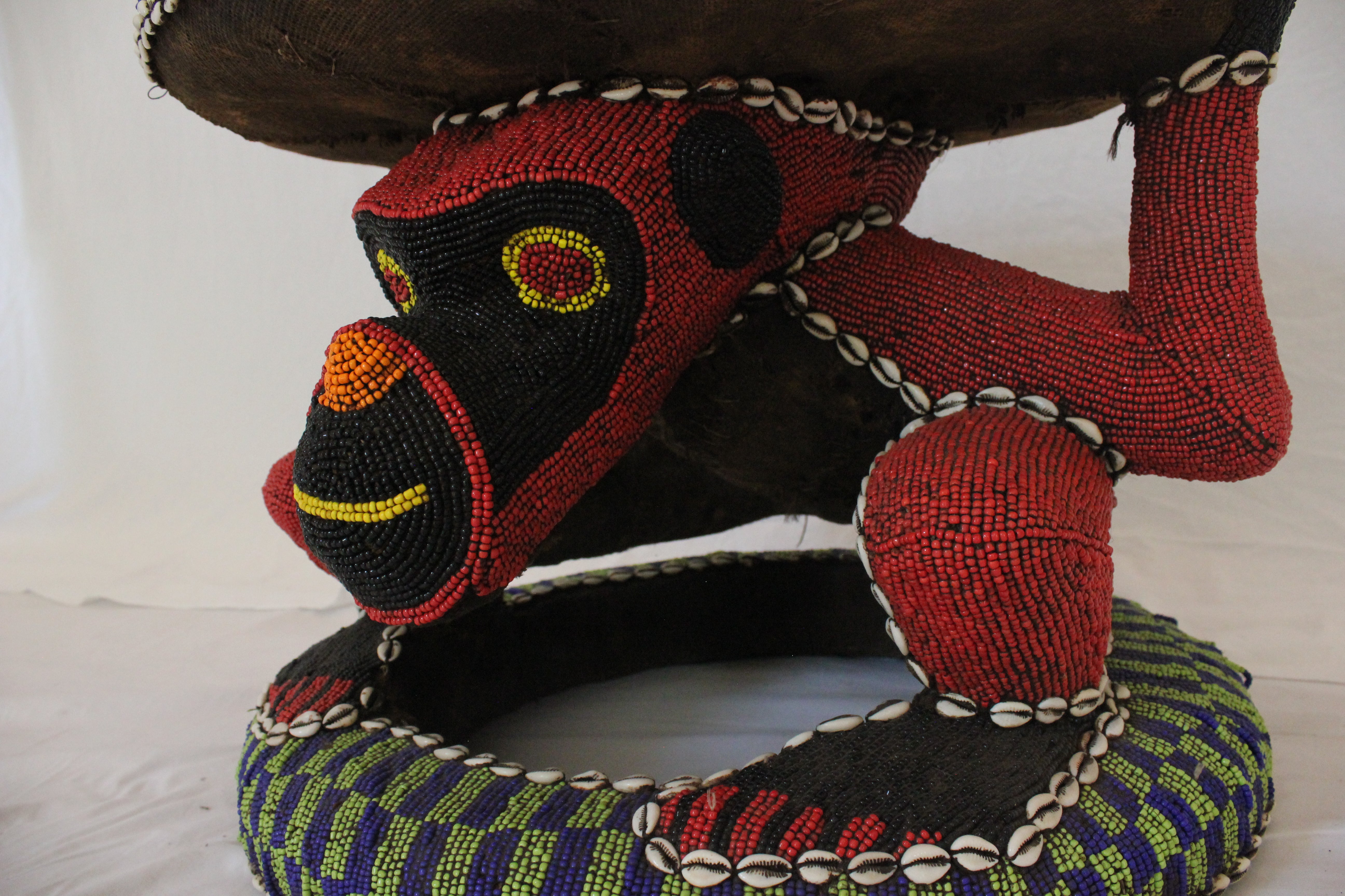 AF2-380 - Vintage Late 20th Century Nigerian Beaded Monkey Stool