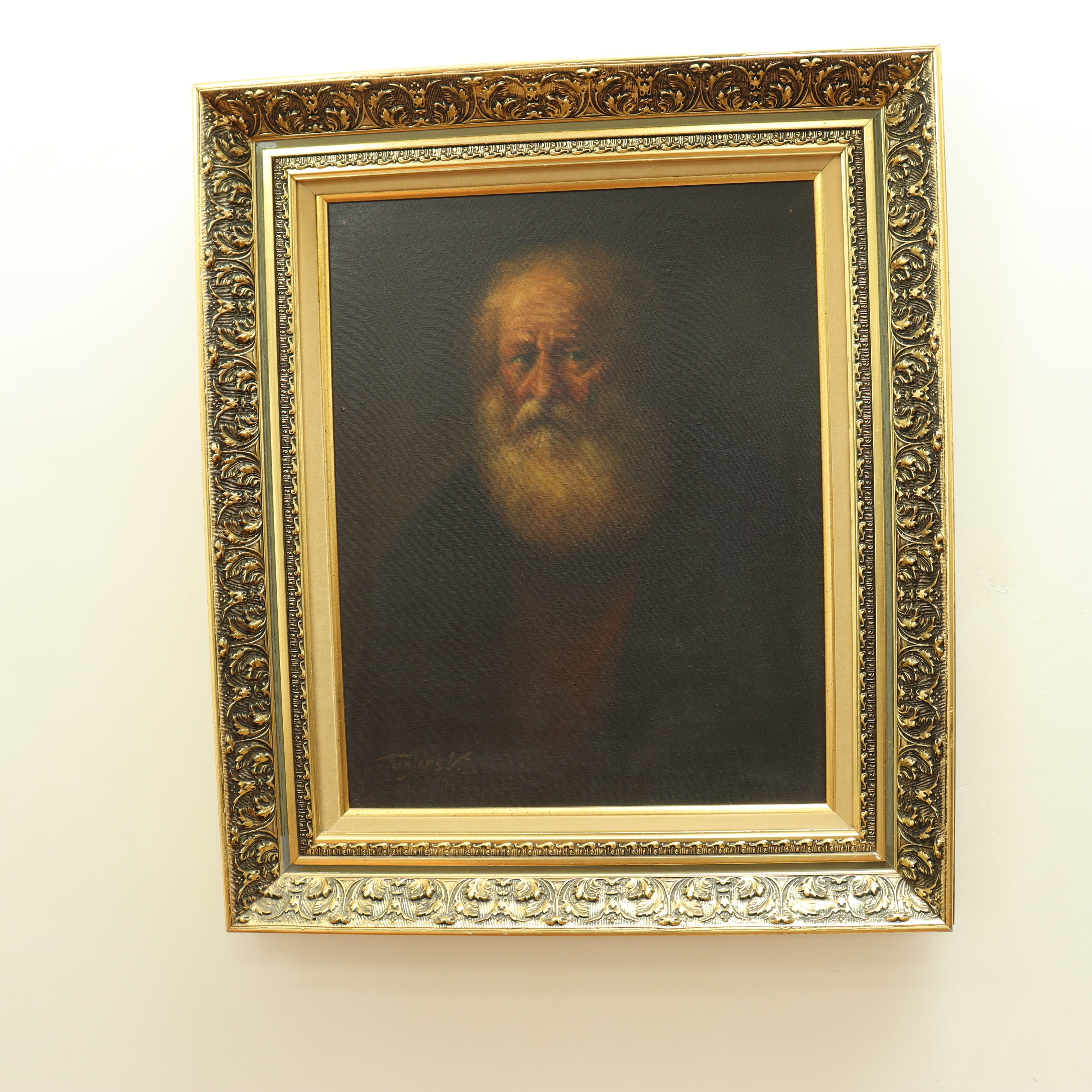 AW522: European School - Old Master Portrait of a Bearded Man Signed Teniers V. Oil on Canvas