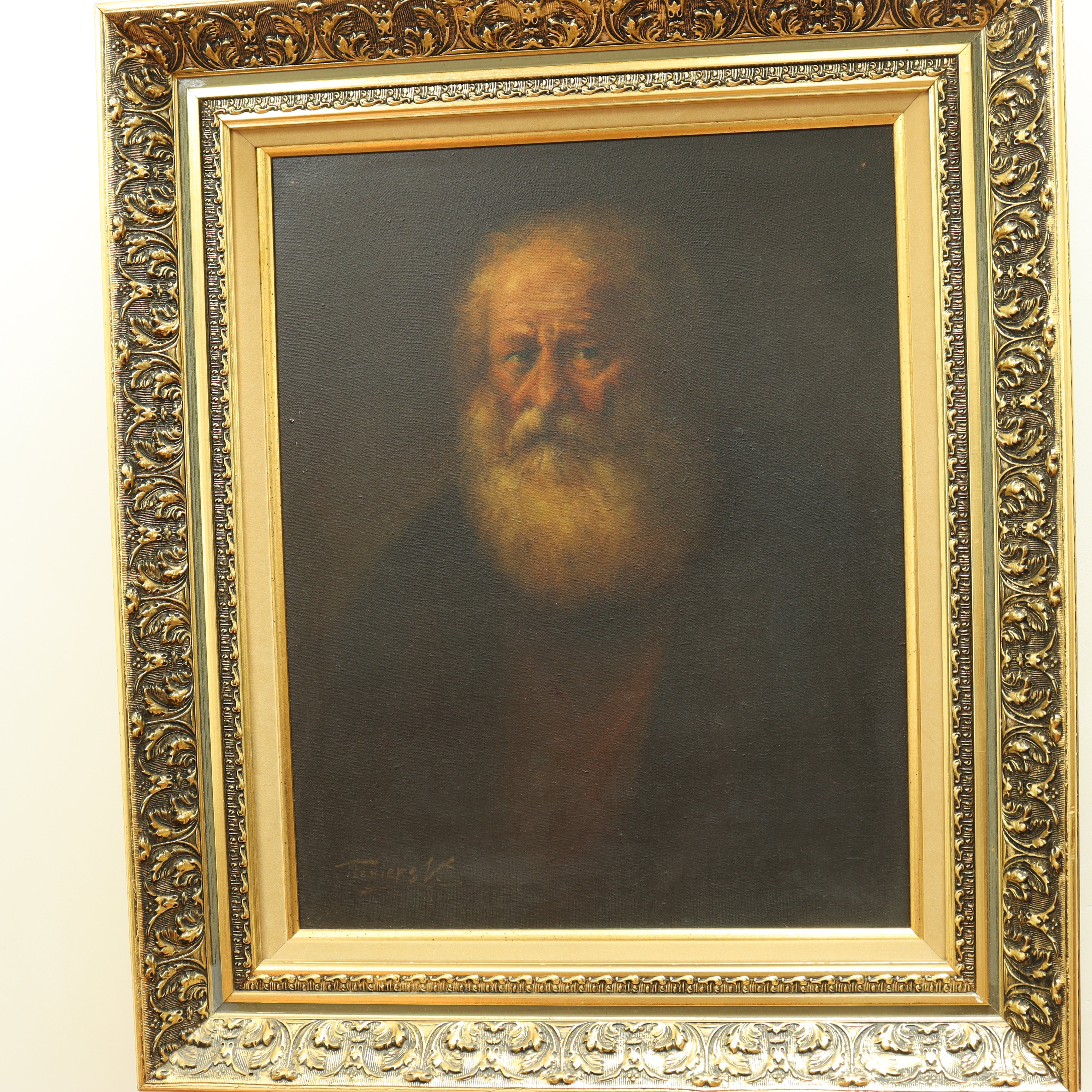 AW522: European School - Old Master Portrait of a Bearded Man Signed Teniers V. Oil on Canvas